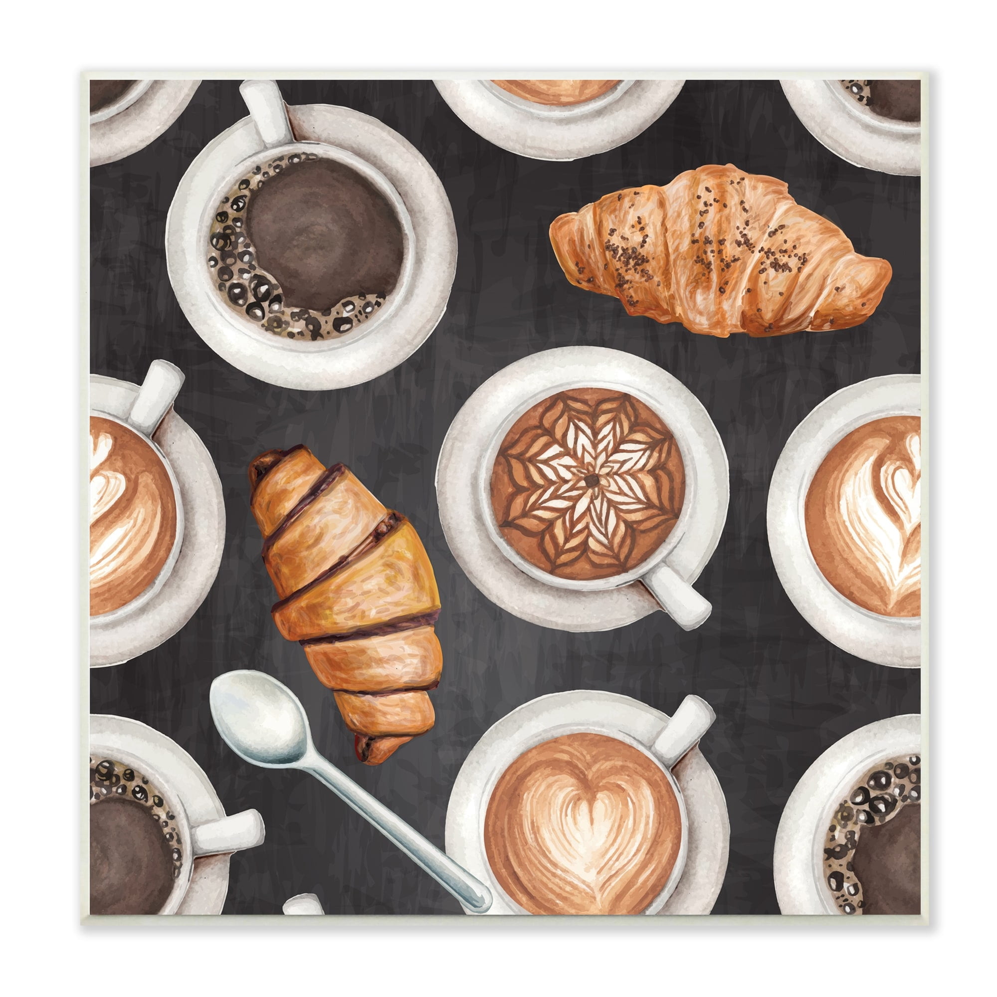 Stupell Industries Cafe Theme Beverages Coffee Latte Croissants Pastries Wood Wall Art, 12 x 12, Design by ND Art