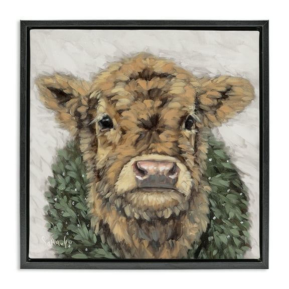 Stupell Industries Calf with Holiday Wreath Holiday Painting Black Floater Framed Canvas Art Prints Wall Art, 18 x 18