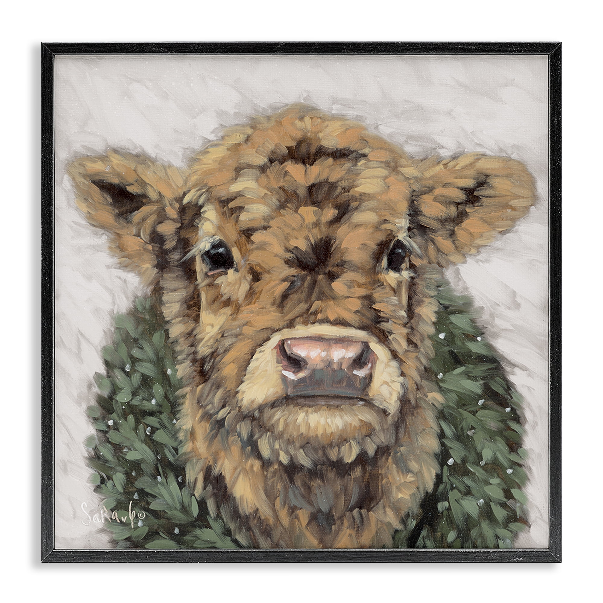 Stupell Industries Calf with Holiday Wreath Holiday Painting Black Framed Art Prints Wall Art, 17 x 17