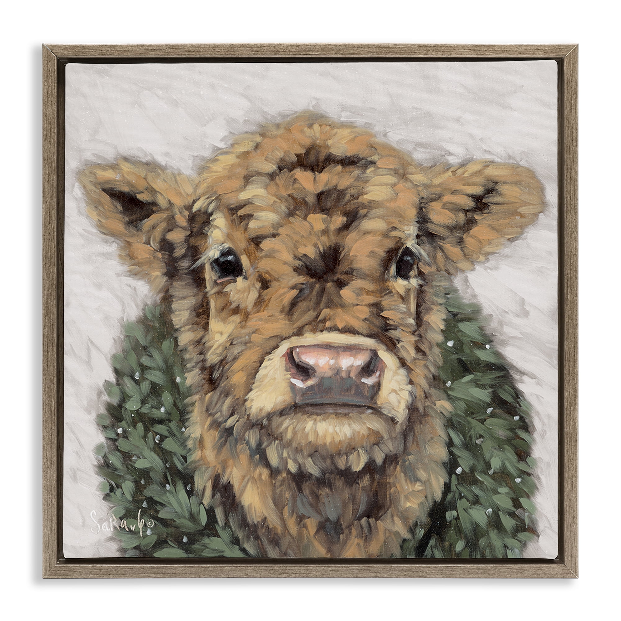Stupell Industries Calf with Holiday Wreath Holiday Painting Brown Floater Framed Canvas Art Prints Wall Art, 25 x 25