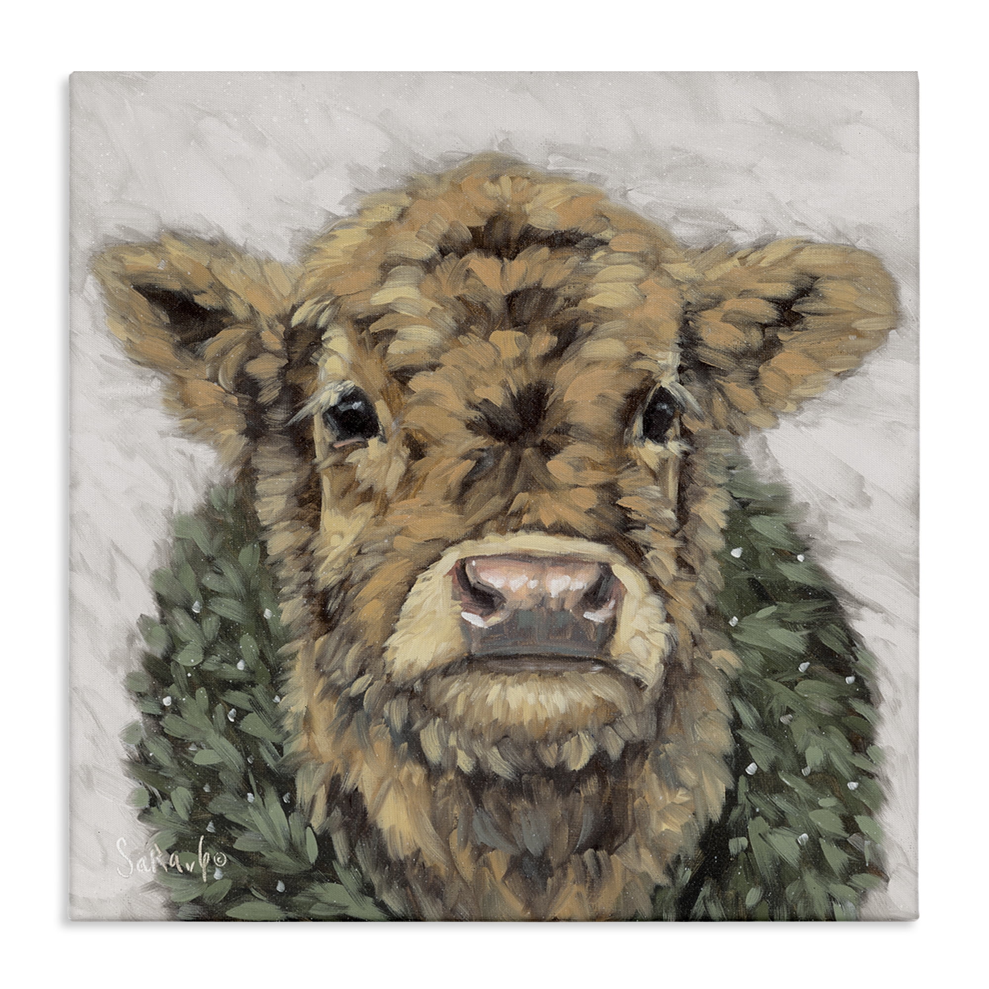 Stupell Industries Calf with Holiday Wreath Holiday Painting Gallery Wrapped Canvas Art Prints Wall Art, 30 x 30