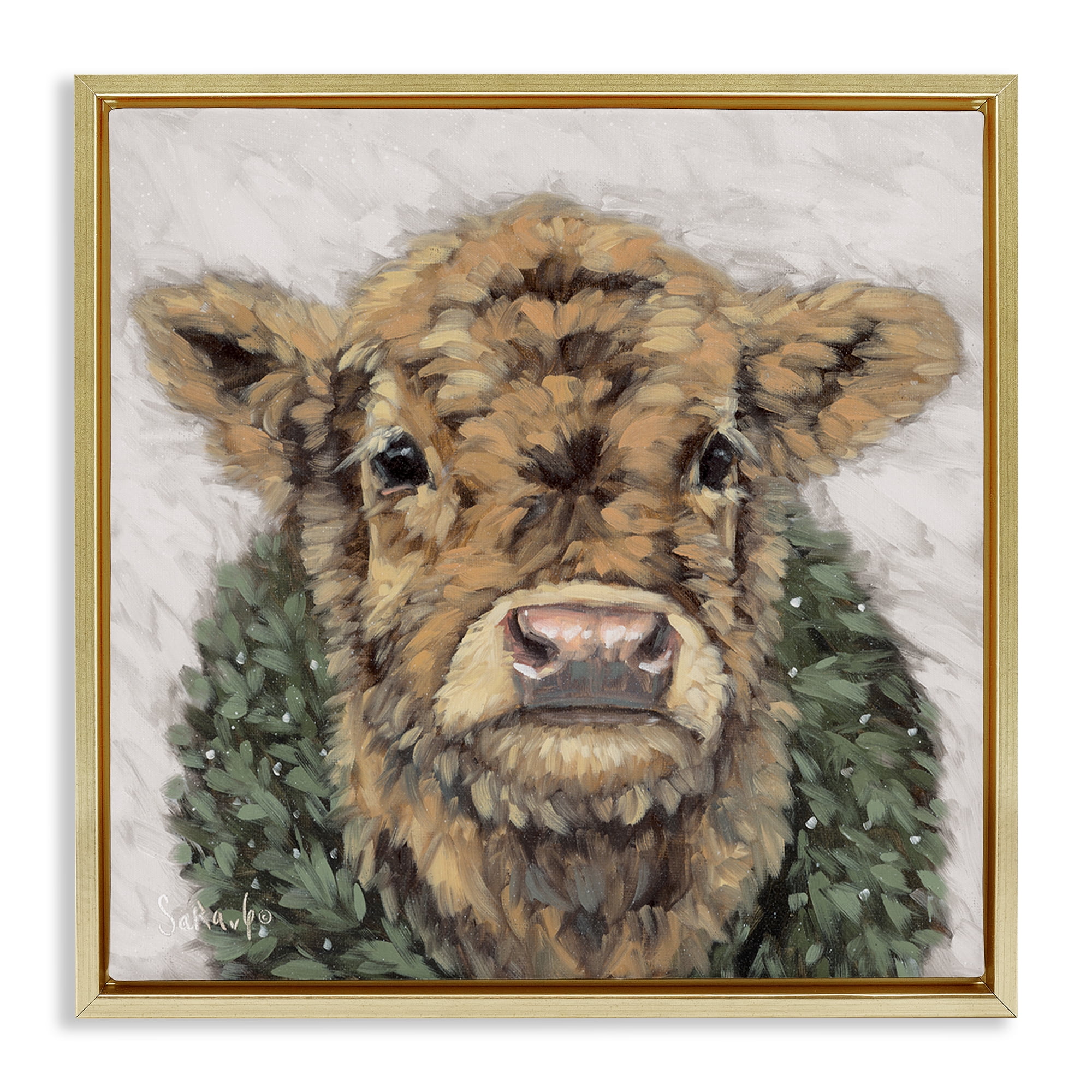 Stupell Industries Calf with Holiday Wreath Holiday Painting Gold Floater Framed Canvas Art Prints Wall Art, 25 x 25