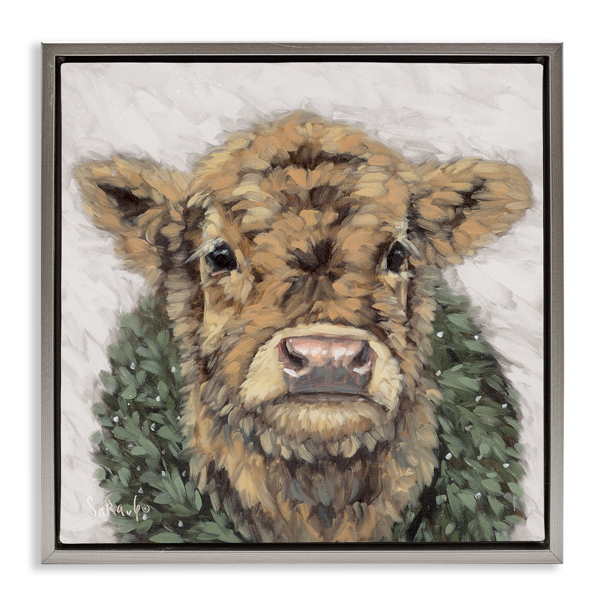 Stupell Industries Calf with Holiday Wreath Holiday Painting Gray Floater Framed Canvas Art Prints Wall Art, 25 x 25