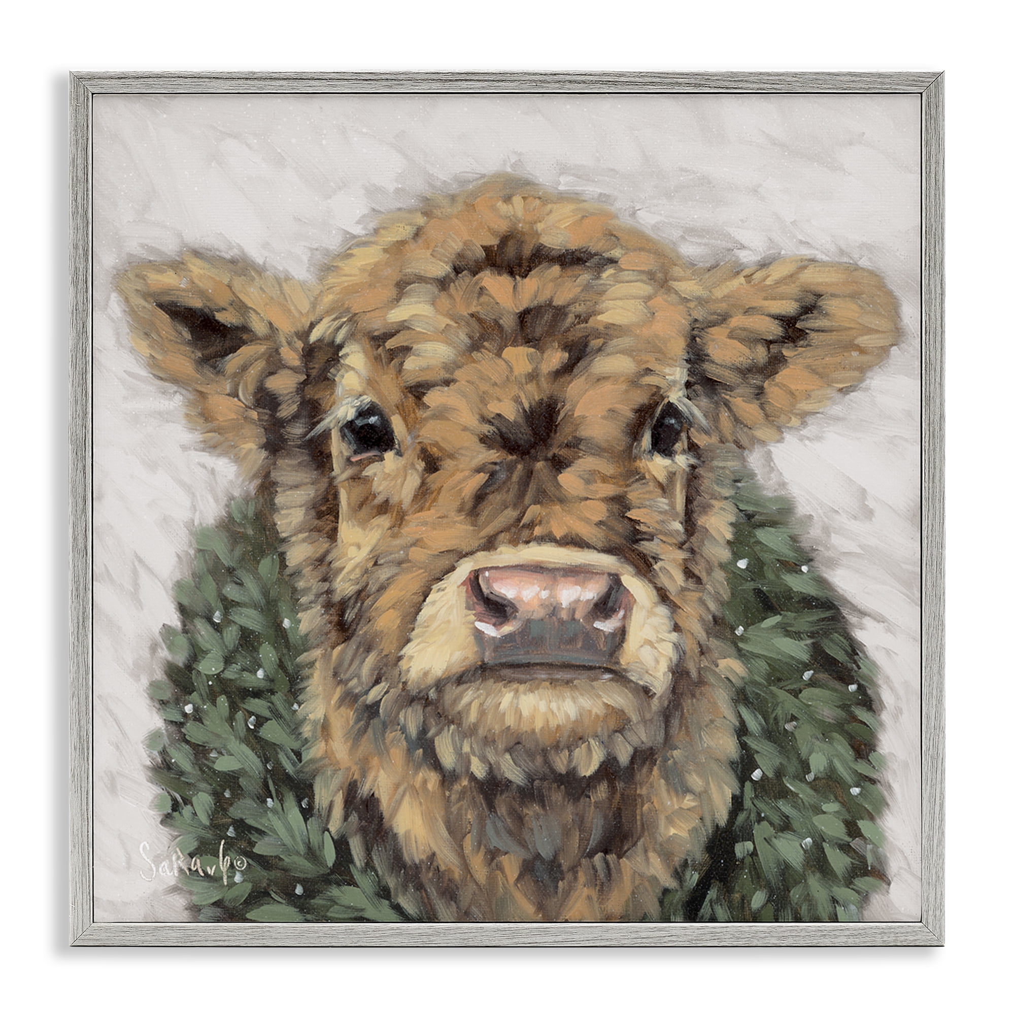 Stupell Industries Calf with Holiday Wreath Holiday Painting Gray Framed Art Prints Wall Art, 17 x 17