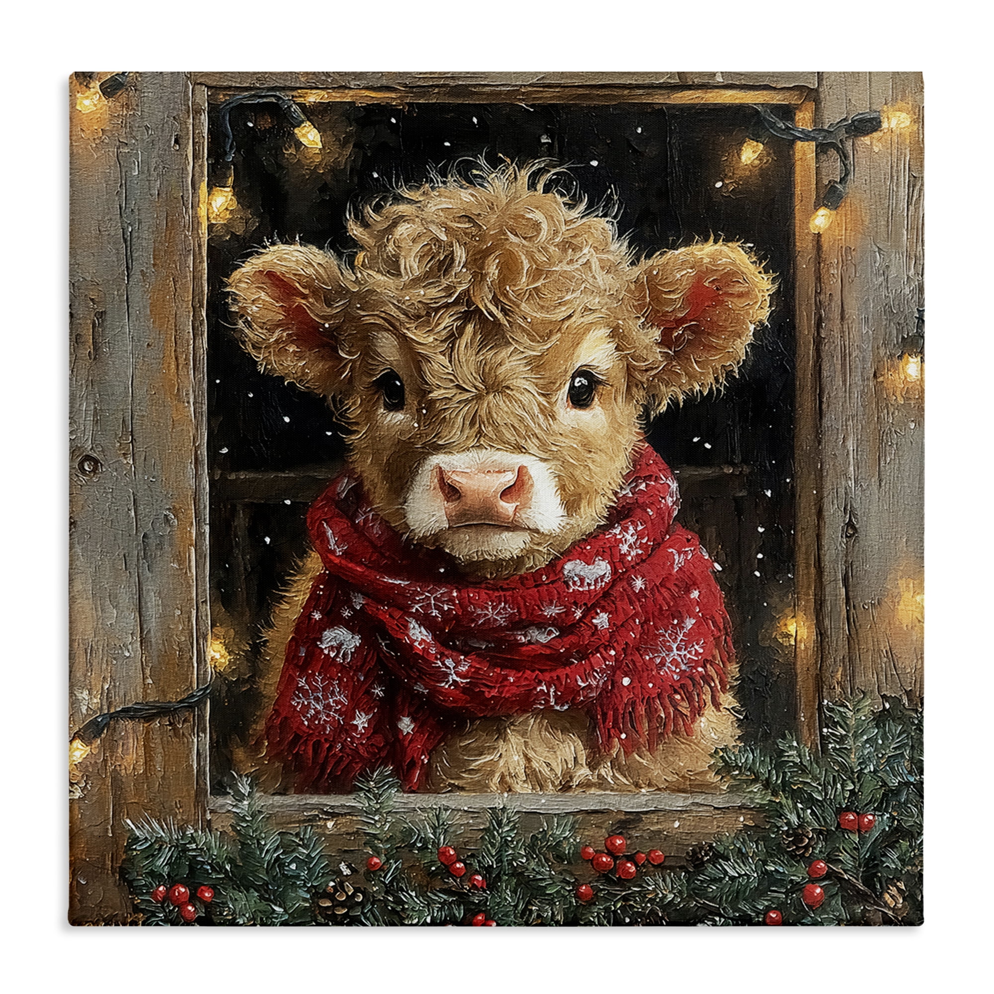 Stupell Industries Calf with Holly & Lights Garland Animals Painting Wrapped Canvas Canvas Art Print Wall Art, 24 x 24