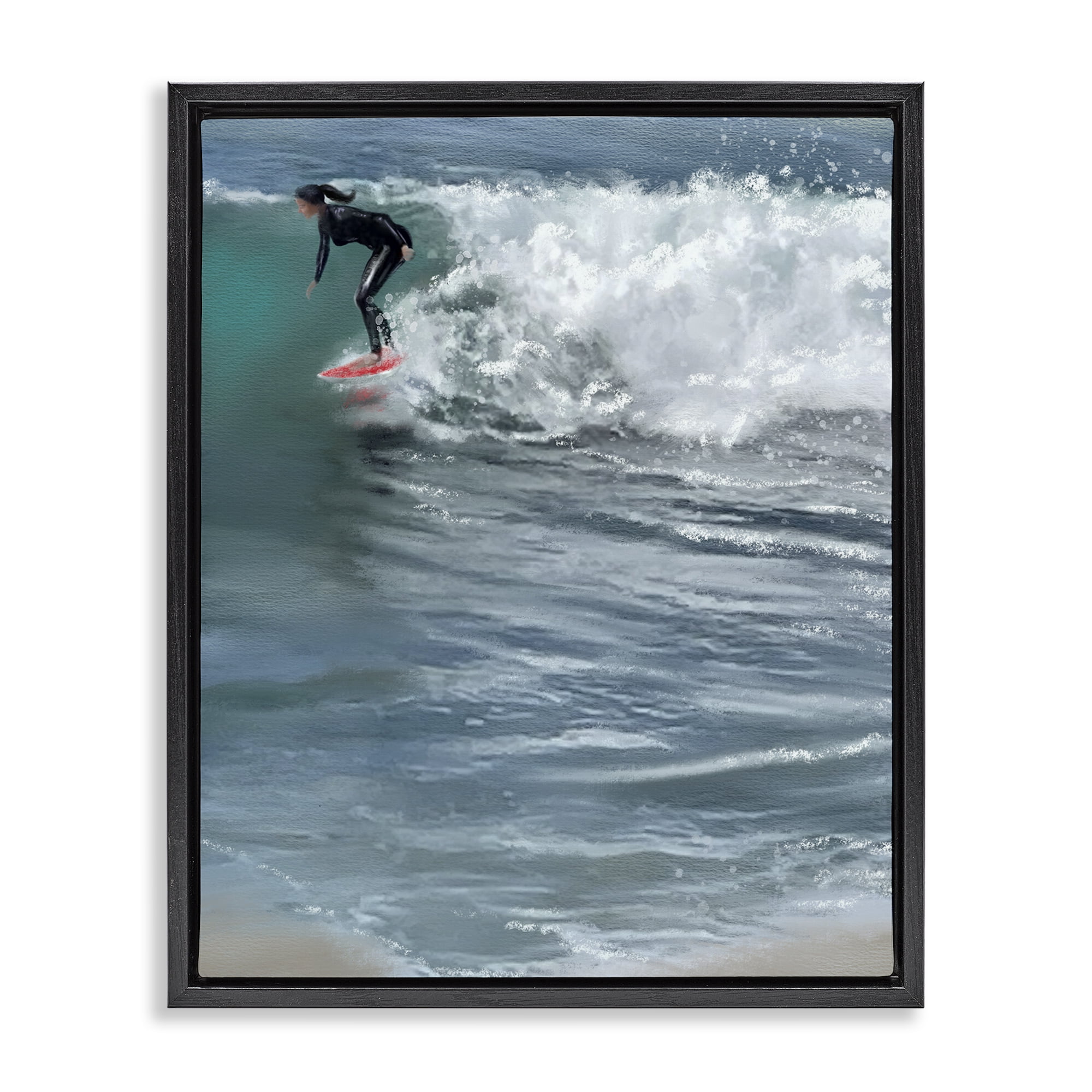 Stupell Industries Cali Surfer Girl Sports Painting Black Floater Framed Canvas Art Print Wall Art, 25 x 31