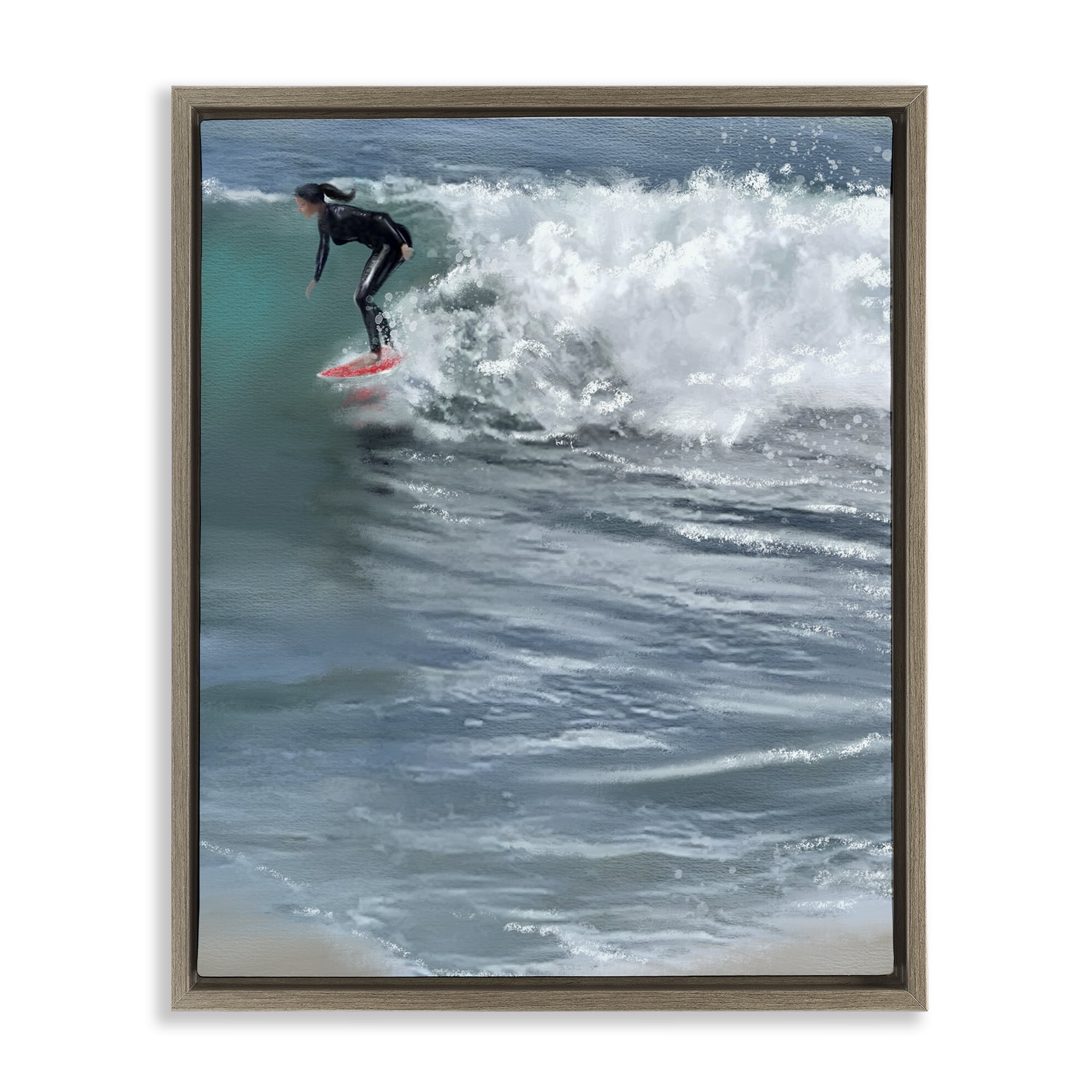 Stupell Industries Cali Surfer Girl Sports Painting Brown Floater Framed Canvas Art Print Wall Art, 17 x 21