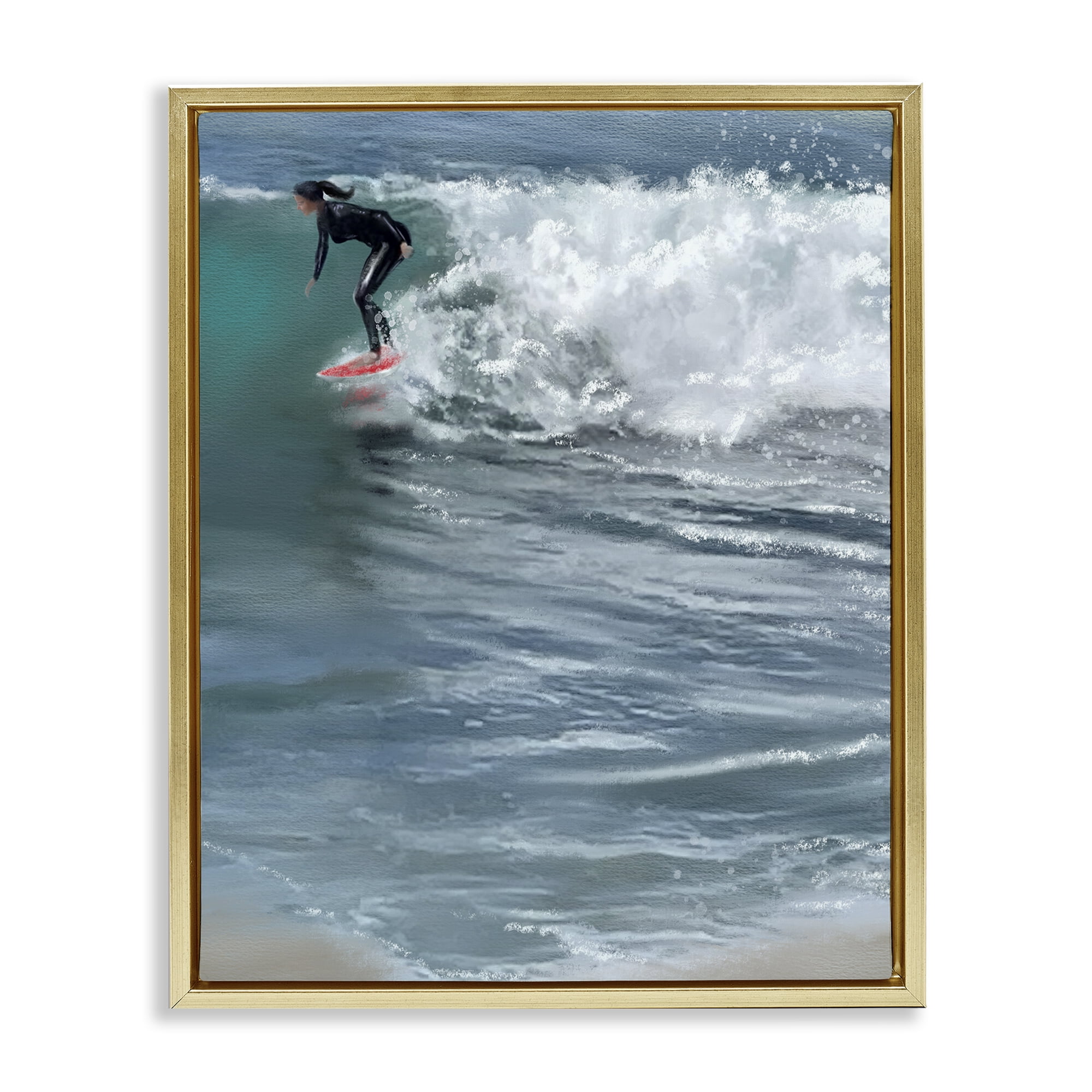 Stupell Industries Cali Surfer Girl Sports Painting Gold Floater Framed Canvas Art Print Wall Art, 25 x 31