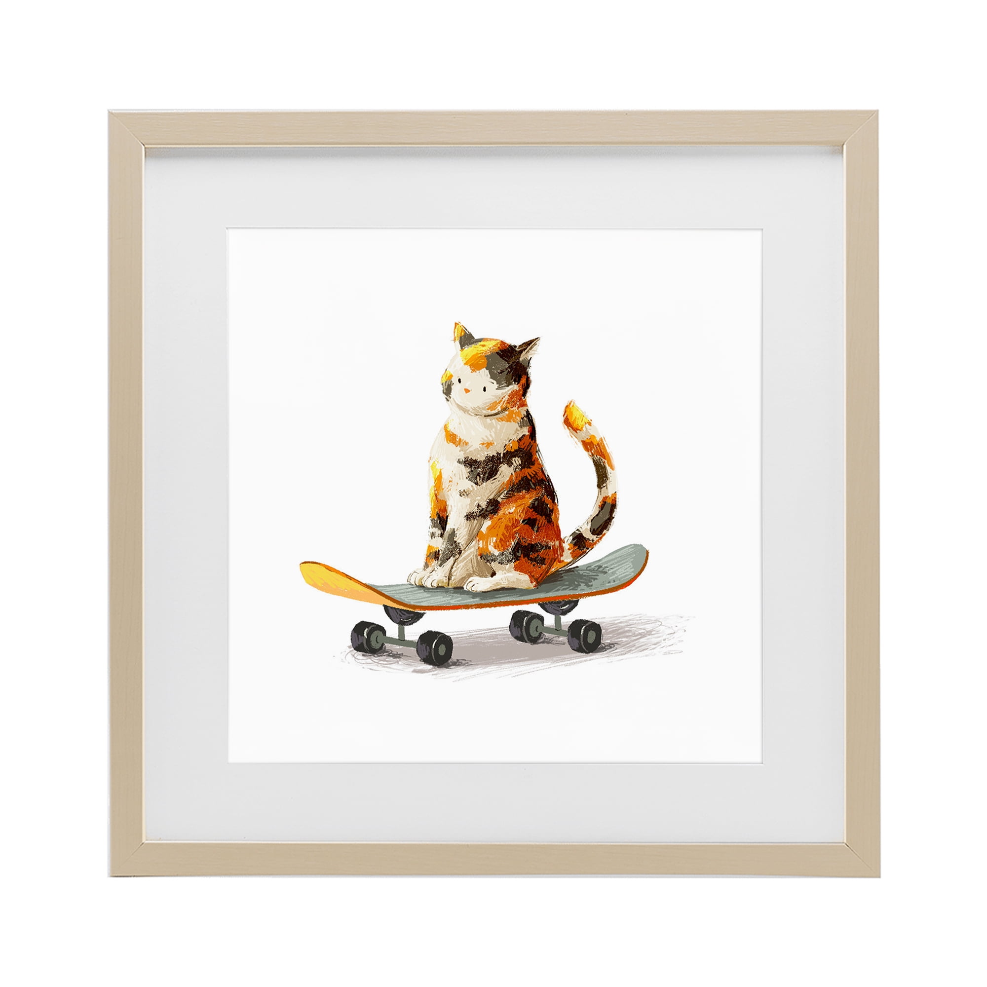 Stupell Industries Calico Cat on Skateboard Birch Framed Print Under Glass, design by Ziwei Li