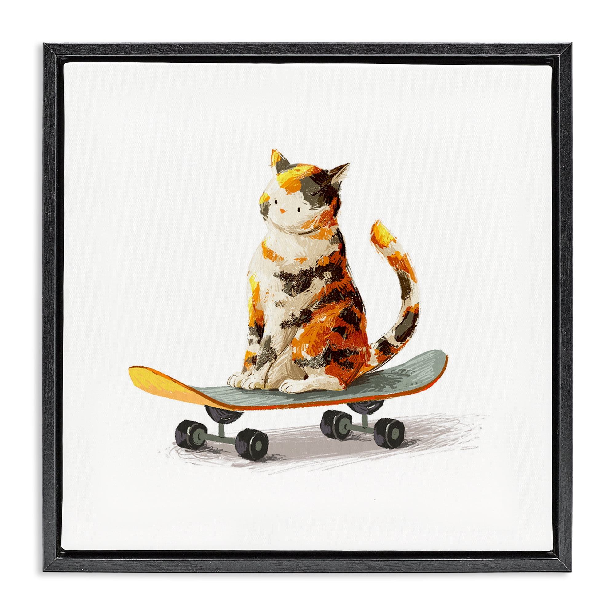 Stupell Industries Calico Cat on Skateboard Black Framed Floater Canvas Wall Art, design by Ziwei Li