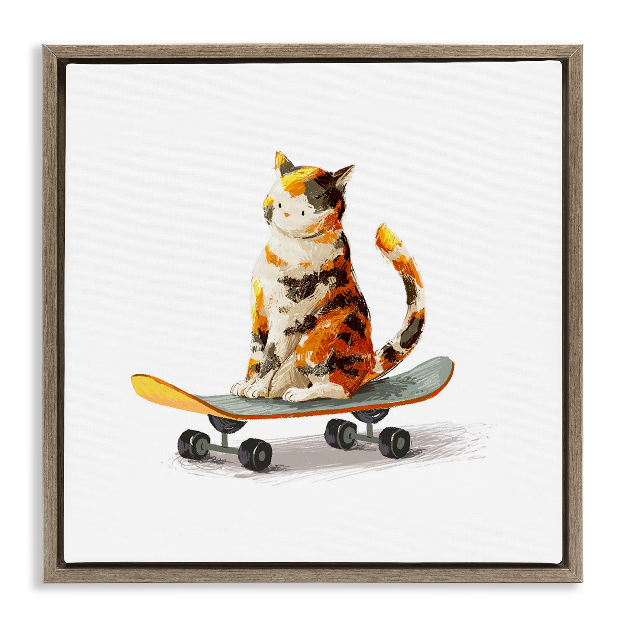 Stupell Industries Calico Cat on Skateboard Brown Framed Floater Canvas Wall Art, design by Ziwei Li