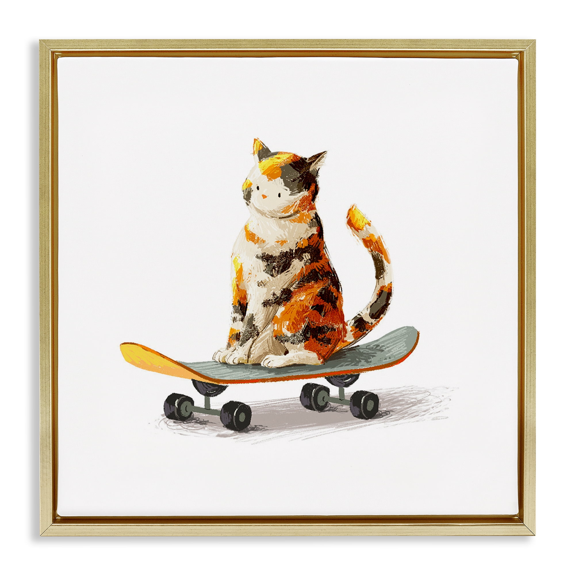 Stupell Industries Calico Cat on Skateboard Gold Framed Floater Canvas Wall Art, design by Ziwei Li