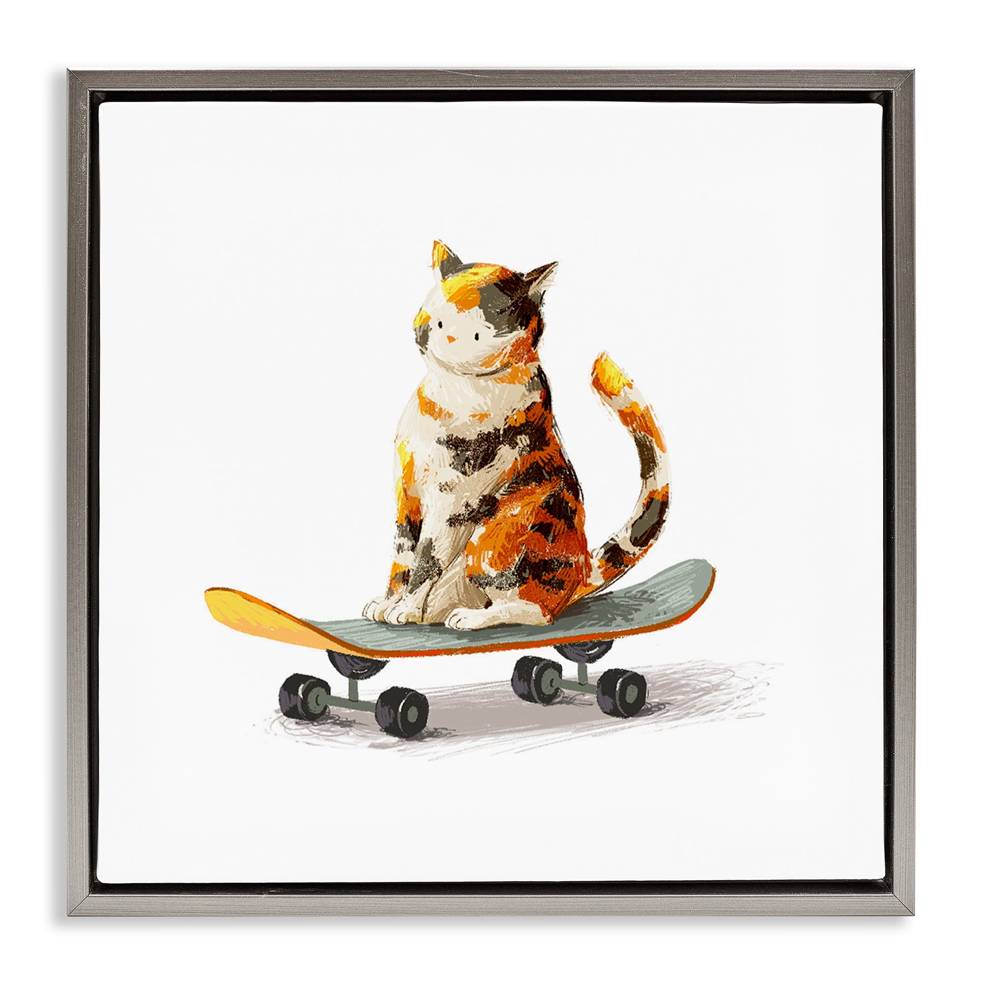 Stupell Industries Calico Cat on Skateboard Gray Framed Floater Canvas Wall Art, design by Ziwei Li