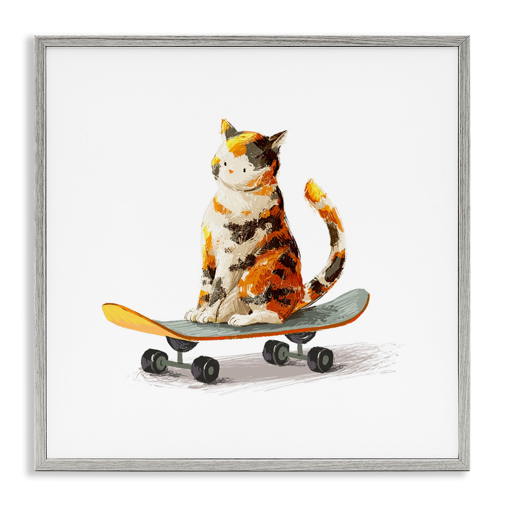 Stupell Industries Calico Cat on Skateboard Gray Framed Giclee Art, design by Ziwei Li