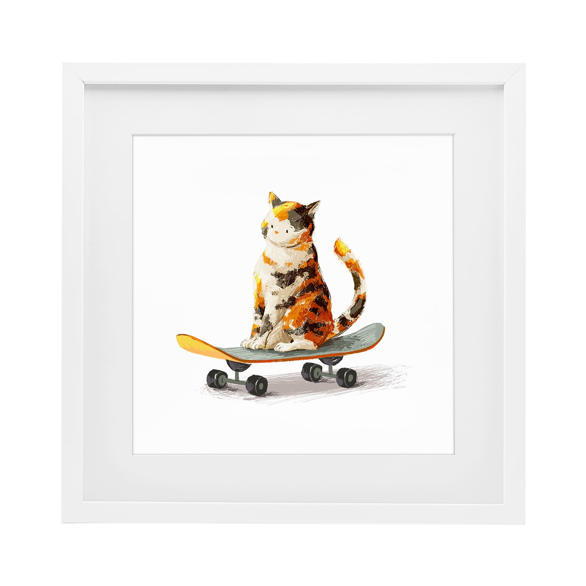 Stupell Industries Calico Cat on Skateboard White Framed Print Under Glass, design by Ziwei Li