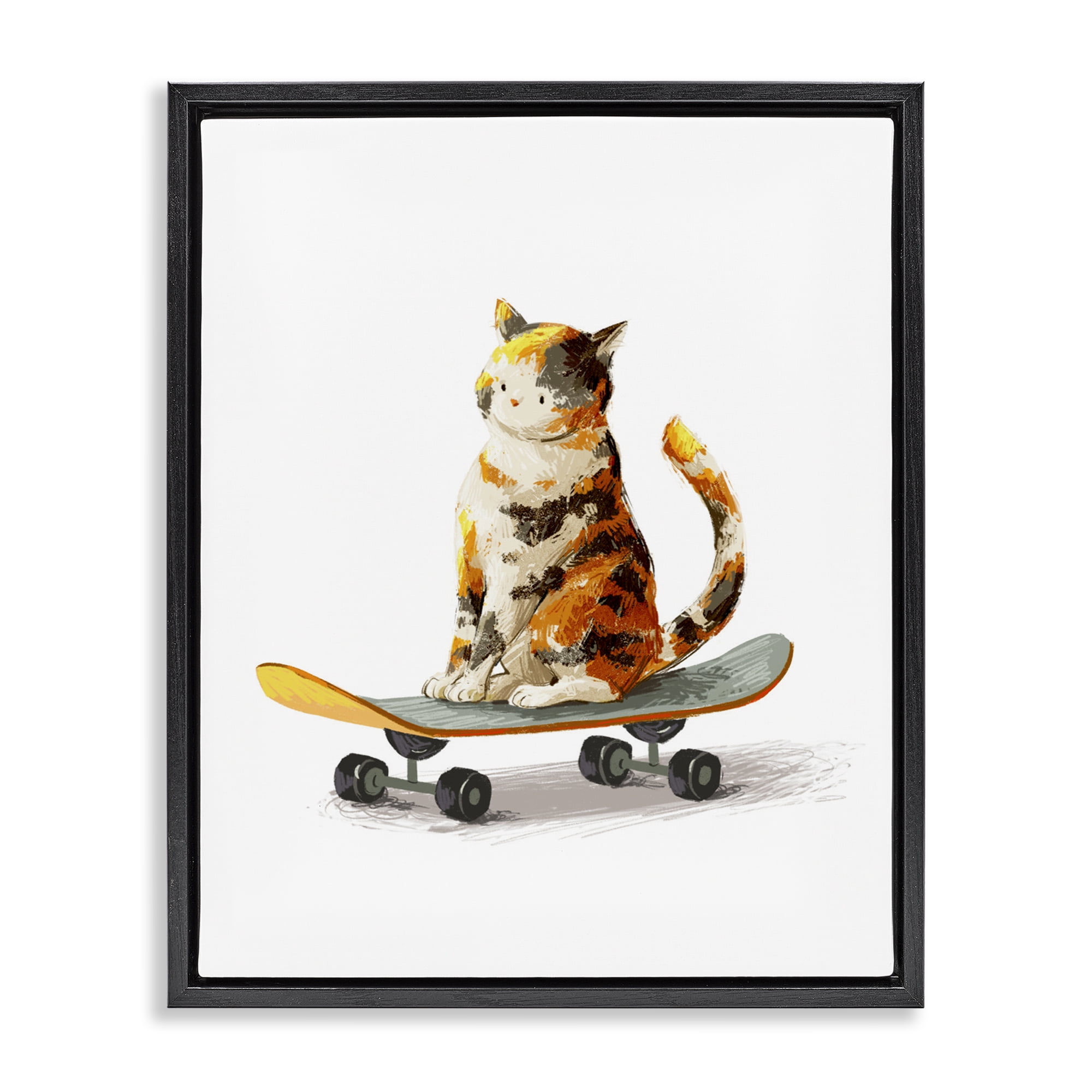 Stupell Industries Calico Cat on a Skateboard Black Framed Floater Canvas Wall Art, design by Ziwei Li