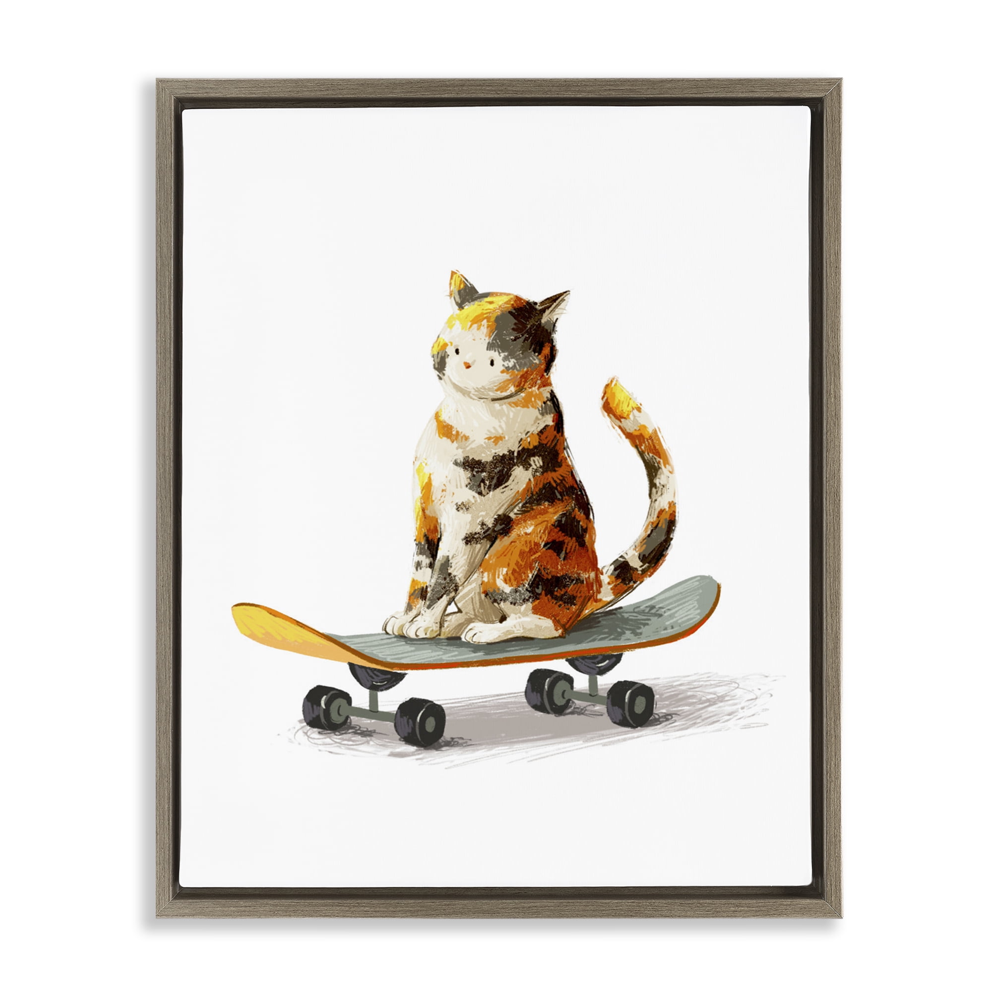 Stupell Industries Calico Cat on a Skateboard Brown Framed Floater Canvas Wall Art, design by Ziwei Li