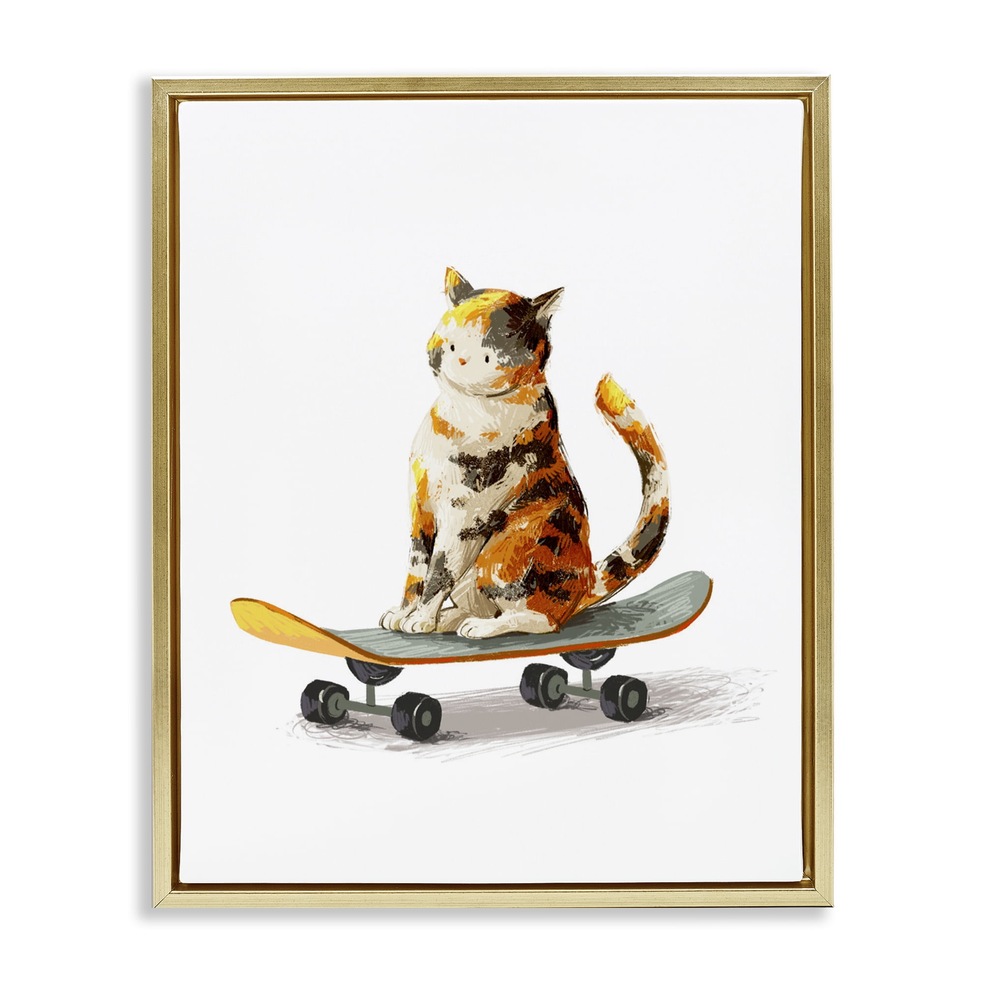 Stupell Industries Calico Cat on a Skateboard Gold Framed Floater Canvas Wall Art, design by Ziwei Li