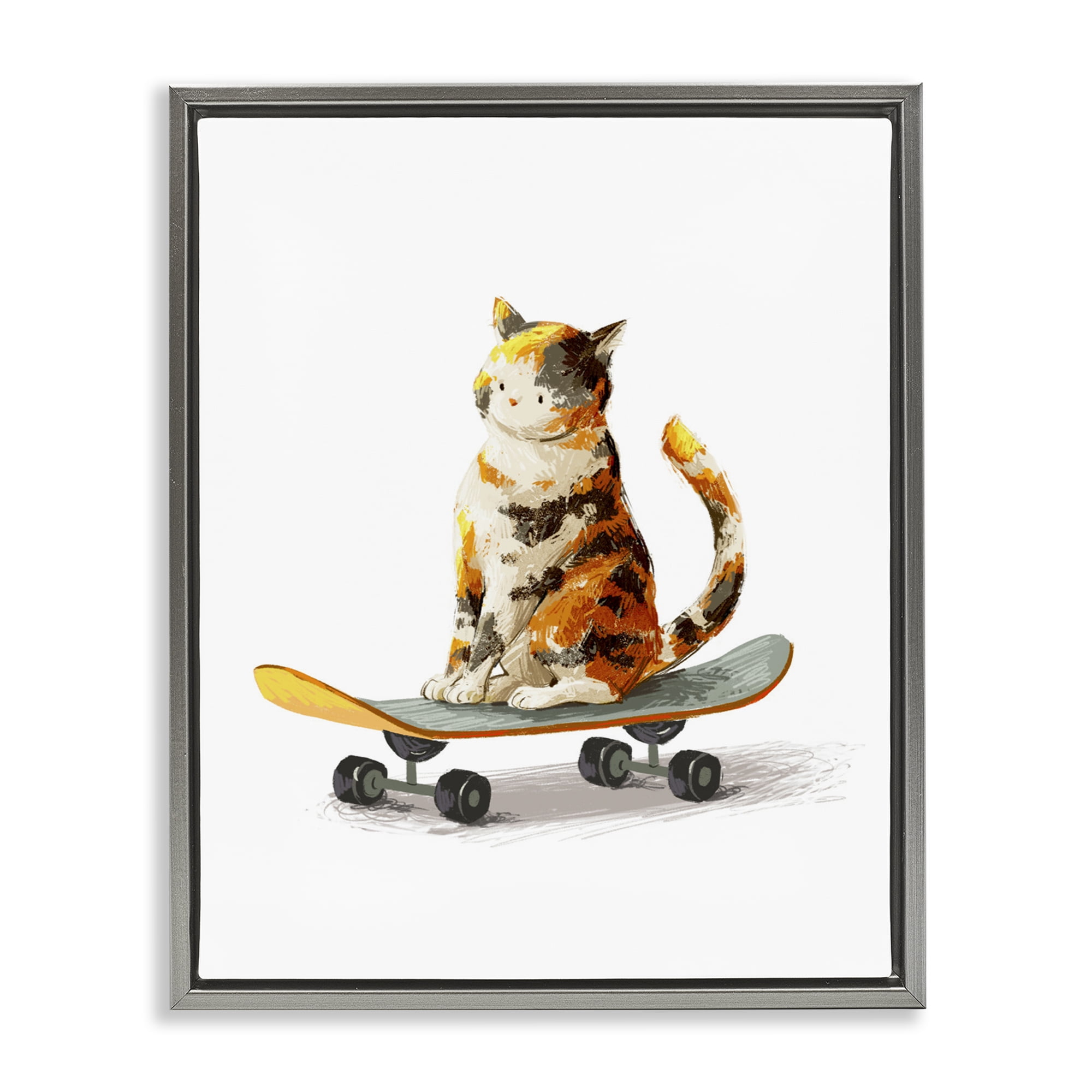 Stupell Industries Calico Cat on a Skateboard Gray Framed Floater Canvas Wall Art, design by Ziwei Li