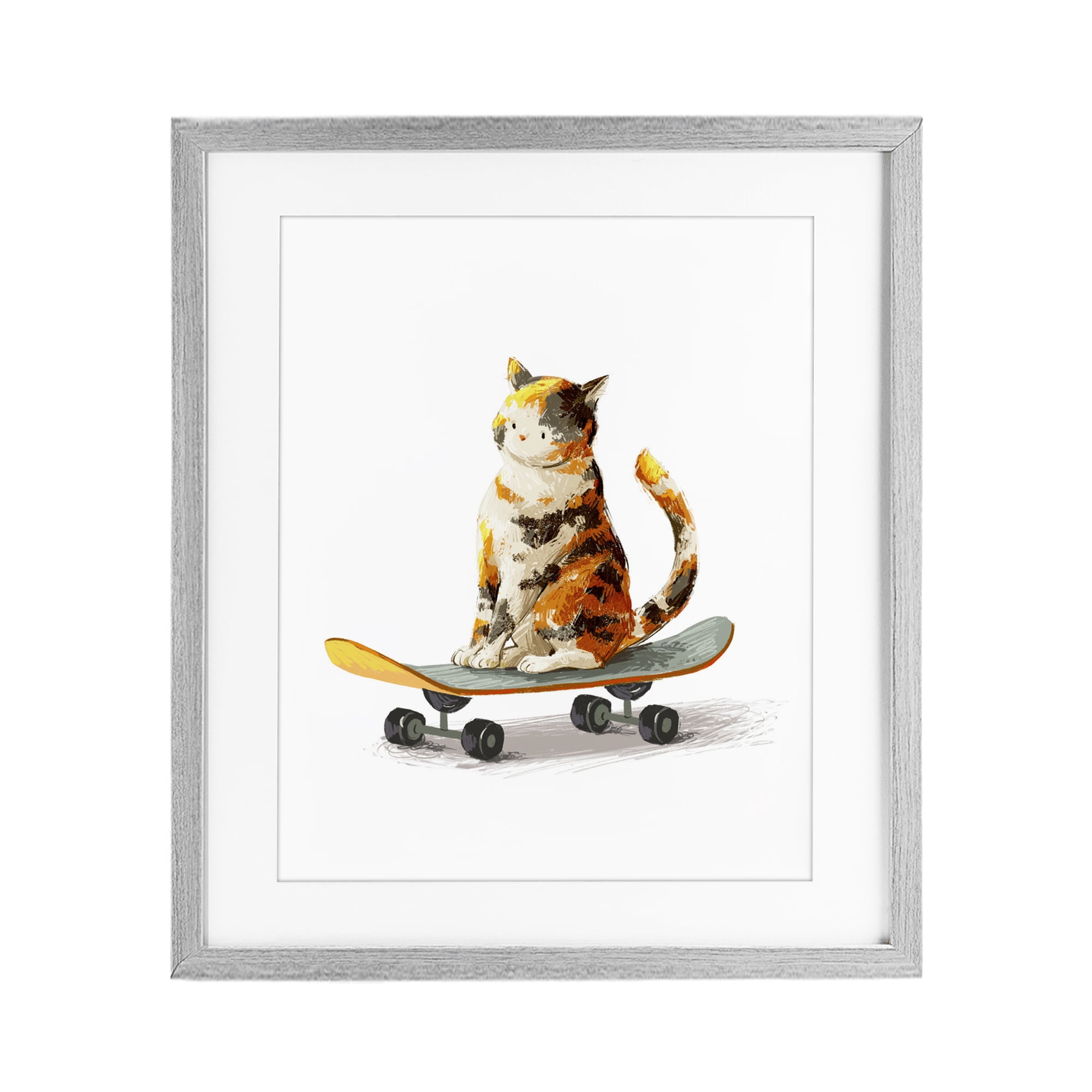 Stupell Industries Calico Cat on a Skateboard Gray Framed Print Under Glass, design by Ziwei Li