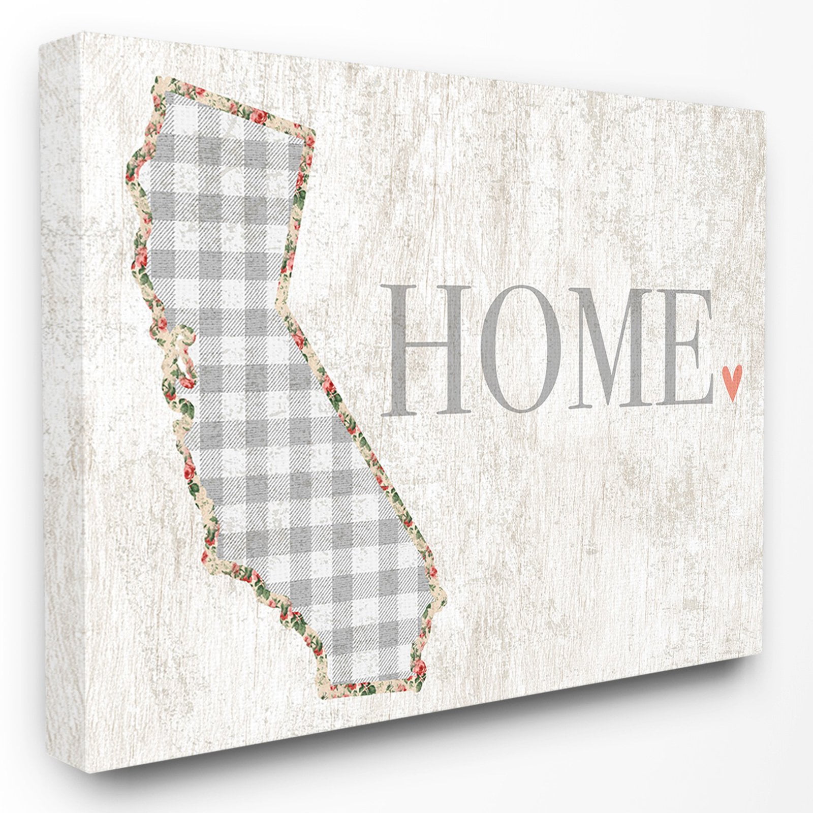 Stupell Industries California Grey Gingham and Floral Heart and Home Town & City Painting Gallery Wrapped Canvas Art Print Wall Art, 30 x 40