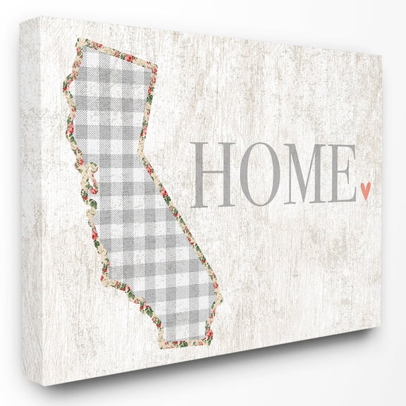 Stupell Industries California Grey Gingham and Floral Heart and Home Town & City Painting Gallery Wrapped Canvas Art Print Wall Art, 30 x 40