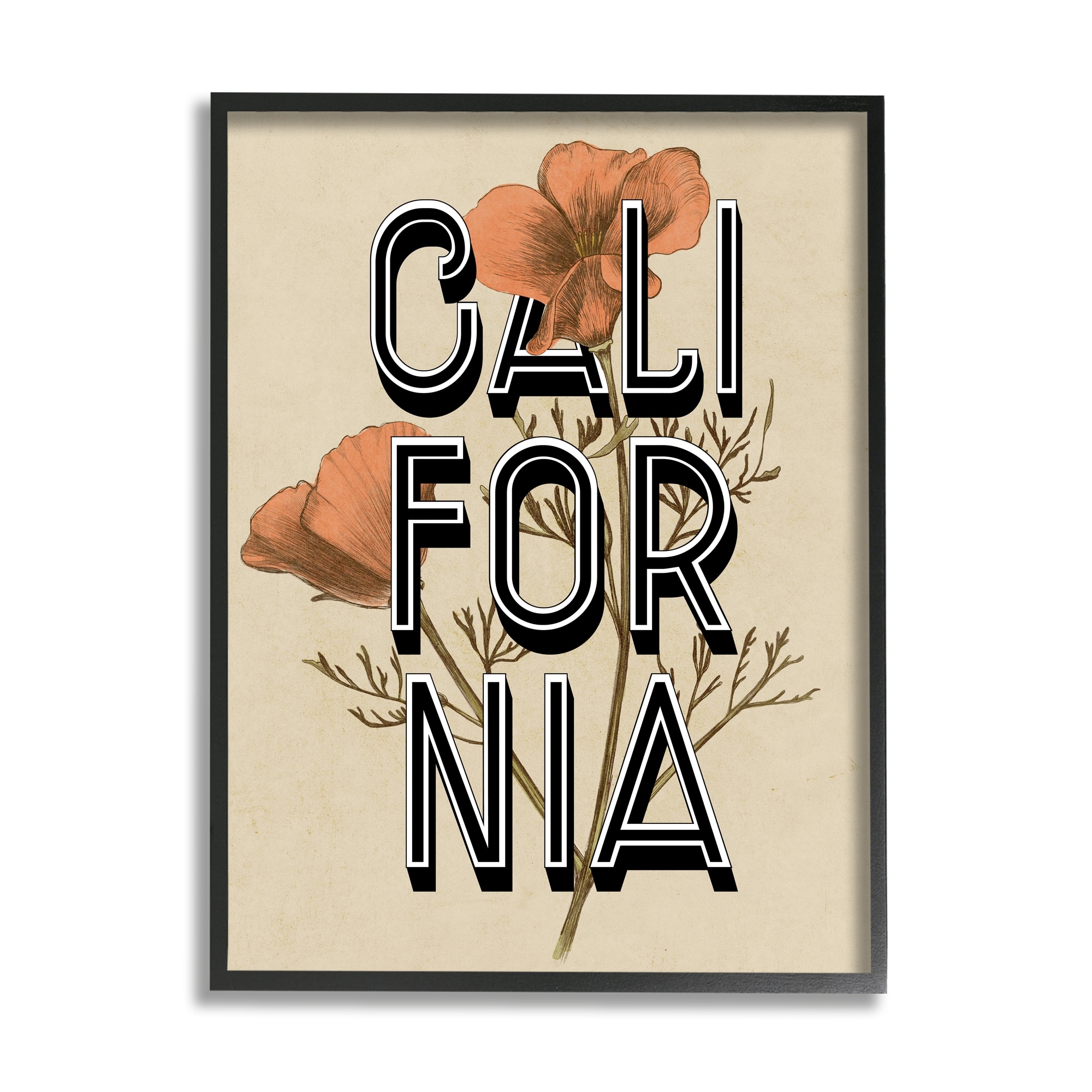 Stupell Industries California State Floral Typography Poppy Sprig Blossom Graphic Art Black Framed Art Print Wall Art, Design by Daphne Polselli