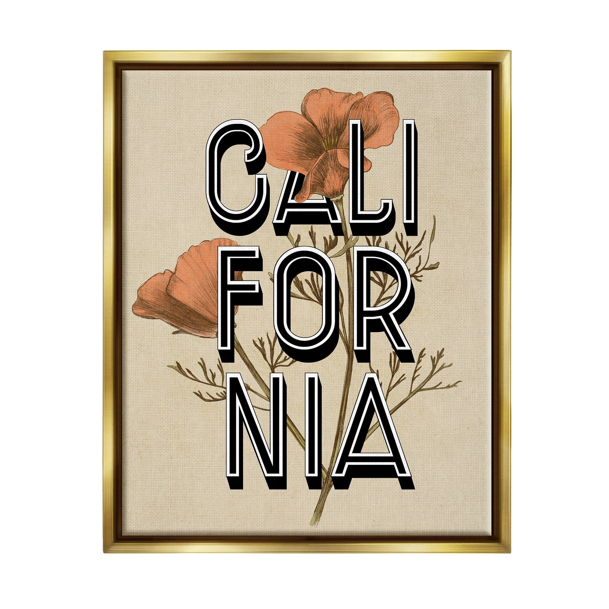 Stupell Industries California State Floral Typography Poppy Sprig Blossom Graphic Art Metallic Gold Floating Framed Canvas Print Wall Art, Design by Daphne Polselli