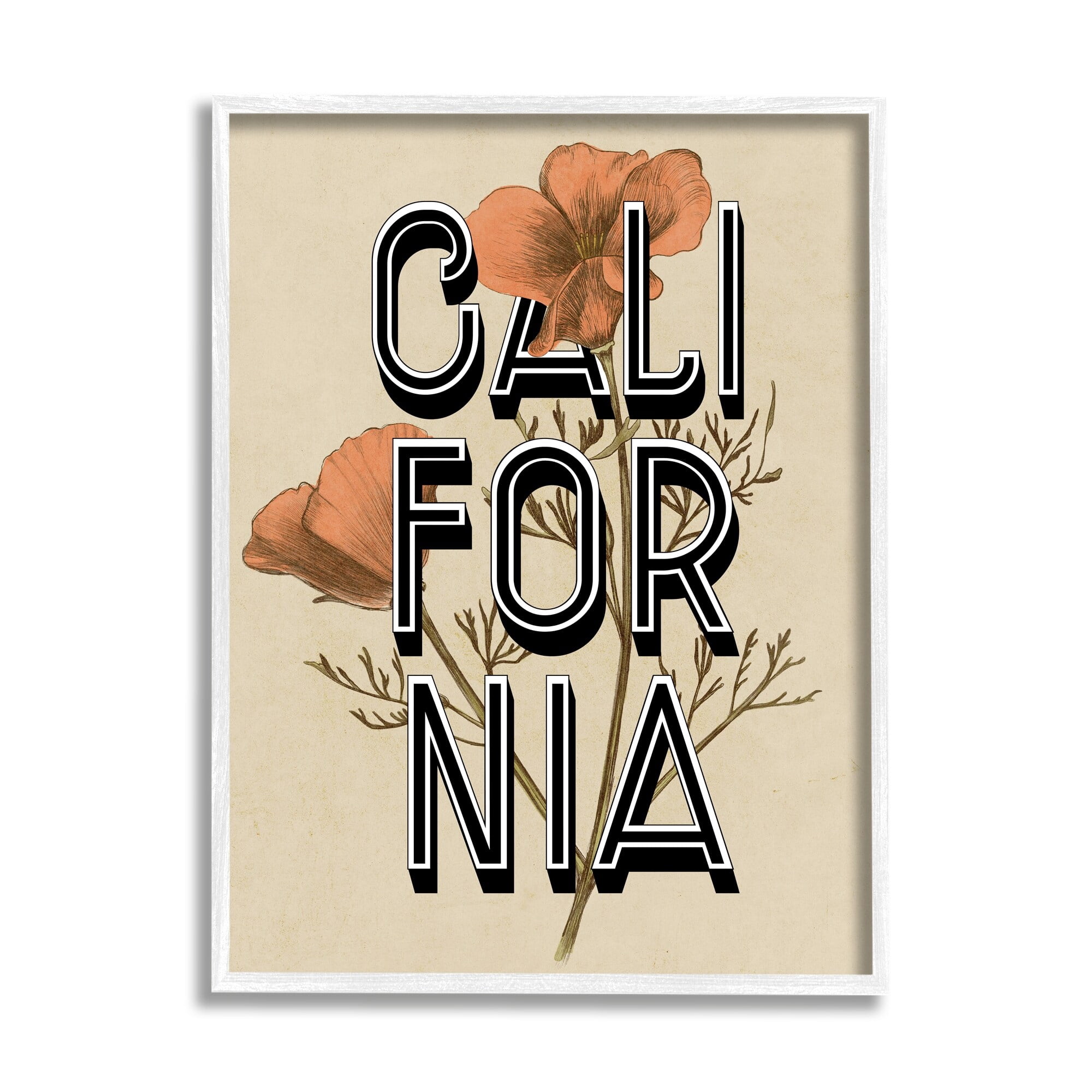 Stupell Industries California State Floral Typography Poppy Sprig Blossom Graphic Art White Framed Art Print Wall Art, Design by Daphne Polselli