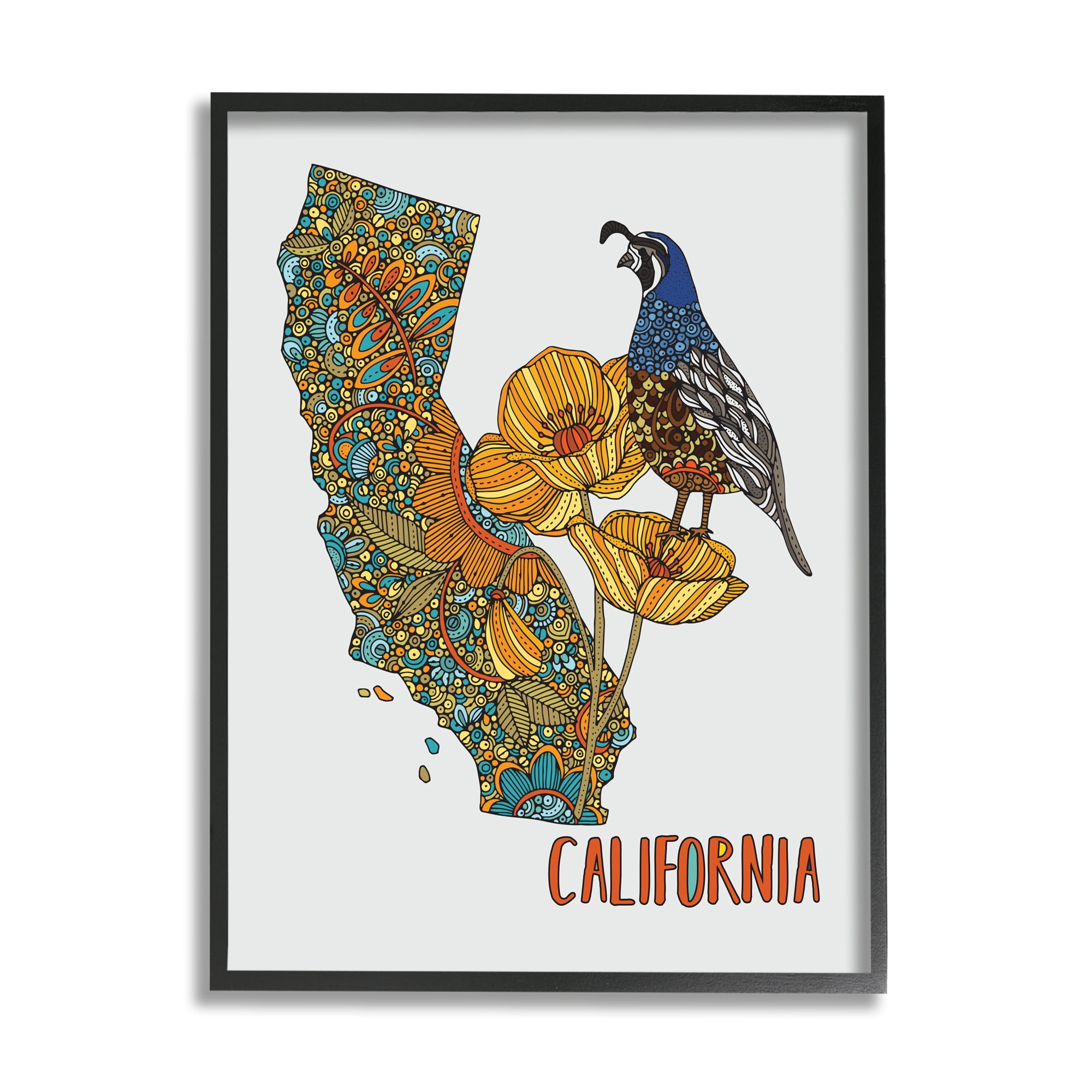 Stupell Industries California State Poppy Flowers Quail Bird Floral Details Graphic Art Black Framed Art Print Wall Art, Design by Valentina Harper