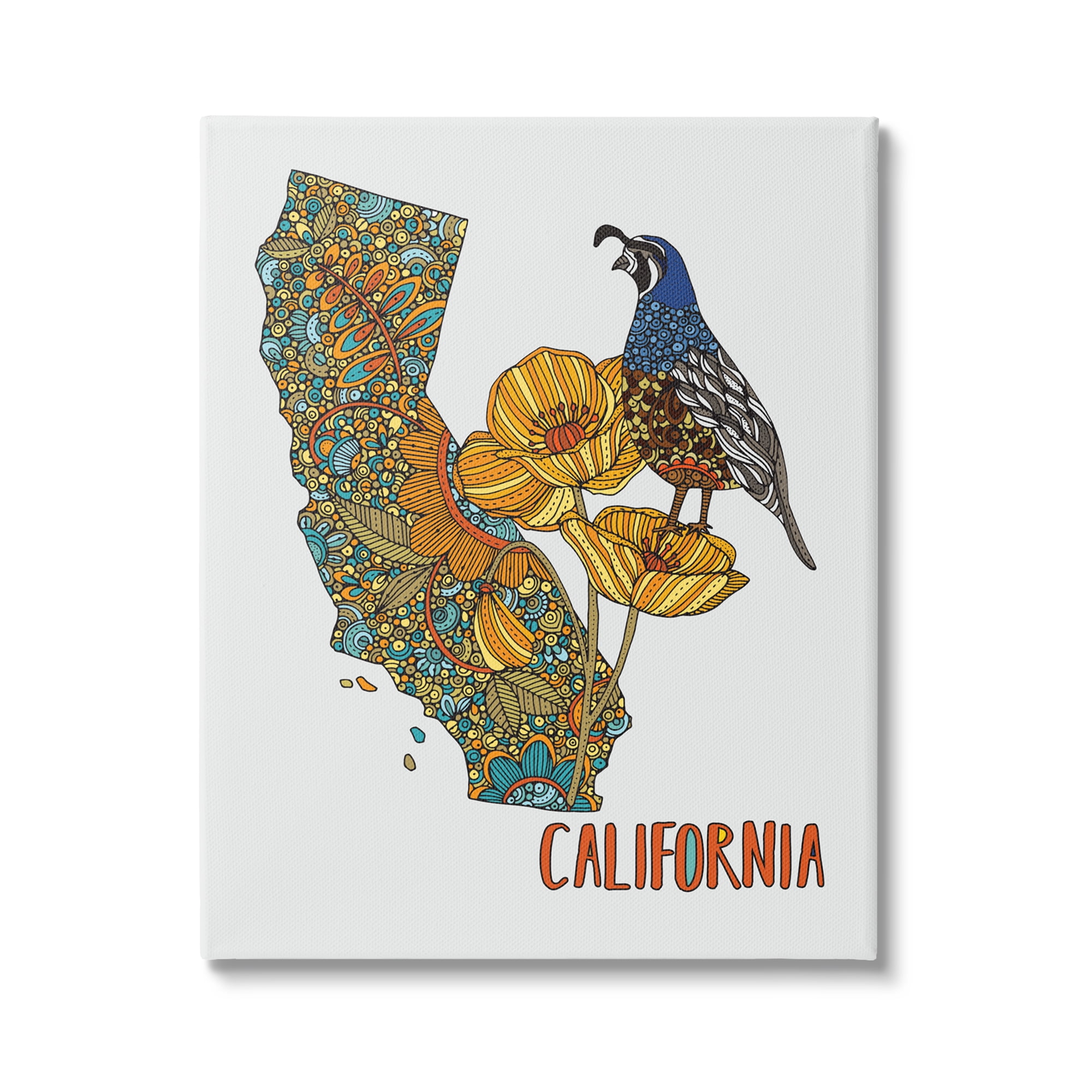 Stupell Industries California State Poppy Flowers Quail Bird Floral Details Graphic Art Gallery Wrapped Canvas Print Wall Art, Design by Valentina Harper