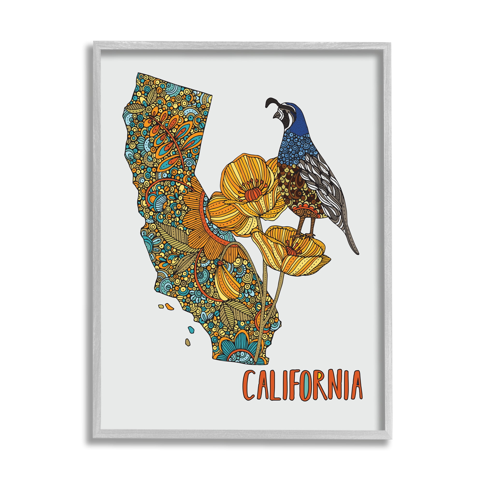 Stupell Industries California State Poppy Flowers Quail Bird Floral Details Graphic Art Gray Framed Art Print Wall Art, Design by Valentina Harper