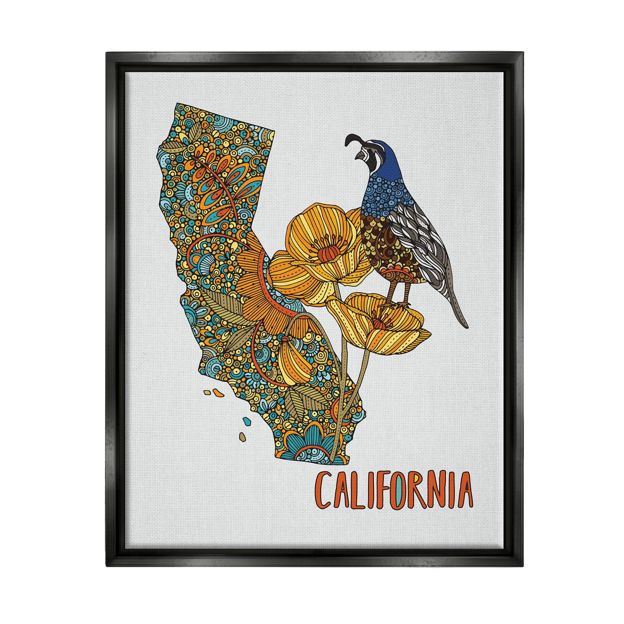 Stupell Industries California State Poppy Flowers Quail Bird Floral Details Graphic Art Jet Black Floating Framed Canvas Print Wall Art, Design by Valentina Harper