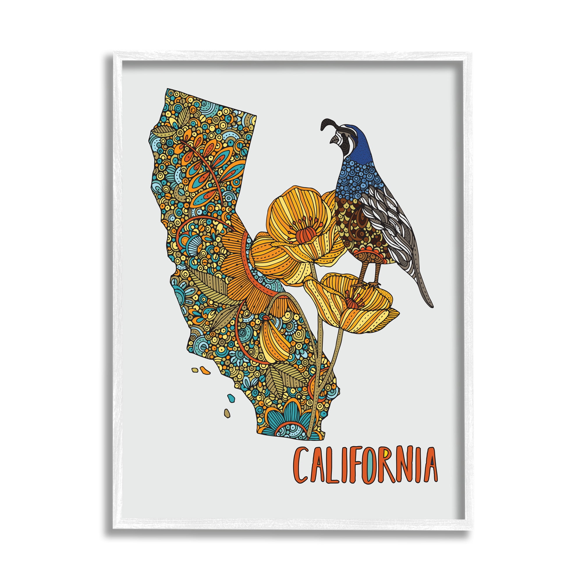 Stupell Industries California State Poppy Flowers Quail Bird Floral Details Graphic Art White Framed Art Print Wall Art, Design by Valentina Harper