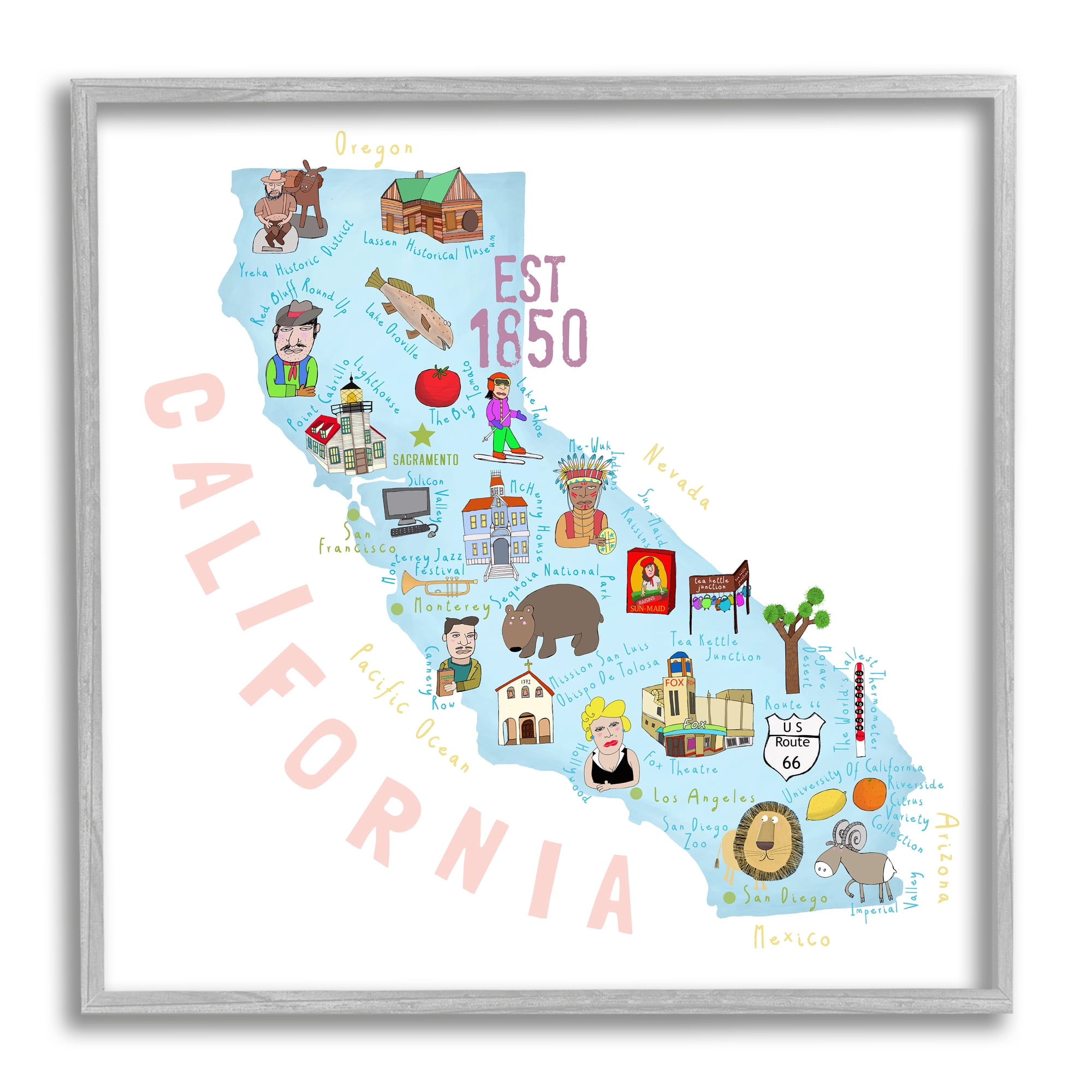 Stupell Industries California Tourist Spots State Travel & Places Painting Gray Framed Art Print Wall Art