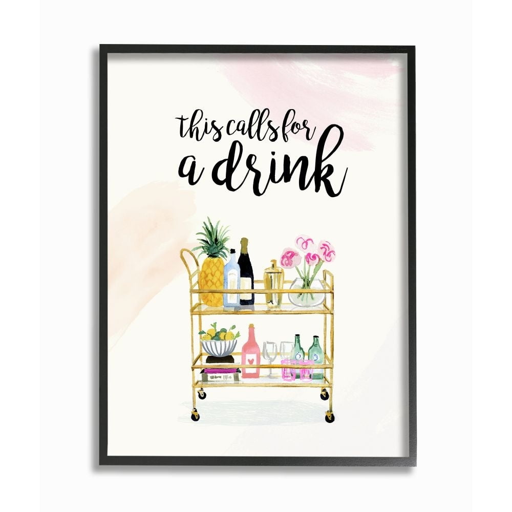 Stupell Industries Calls for a Drink Quote Glam Cart Cocktail Alcohol Watercolor Framed Wall Art Design by Victoria Borges, 11" x 14", Gray Framed