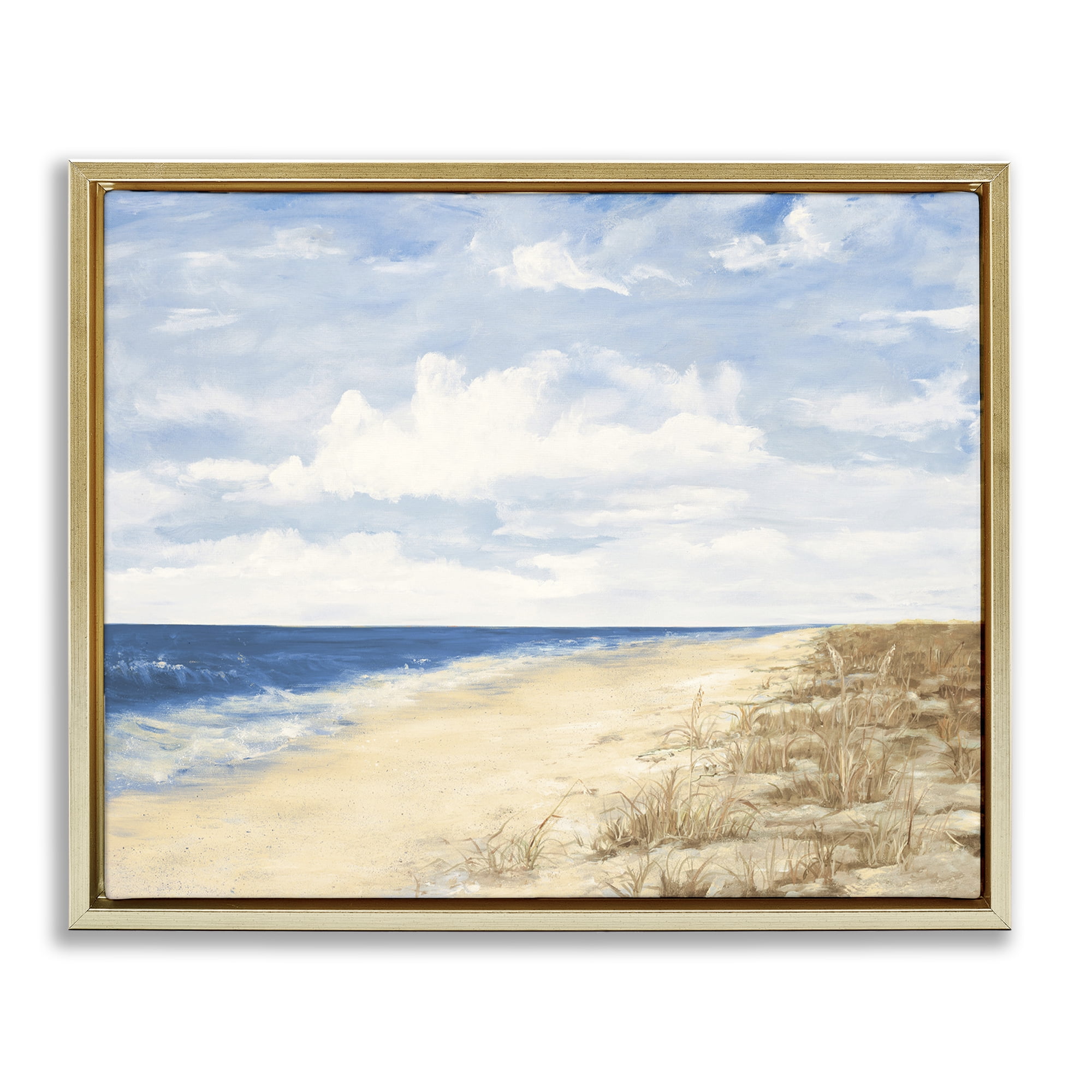 Stupell Industries Calm Beach Painting Coastal Painting Gold Floater Framed Canvas Art Print Wall Art, 21 x 17