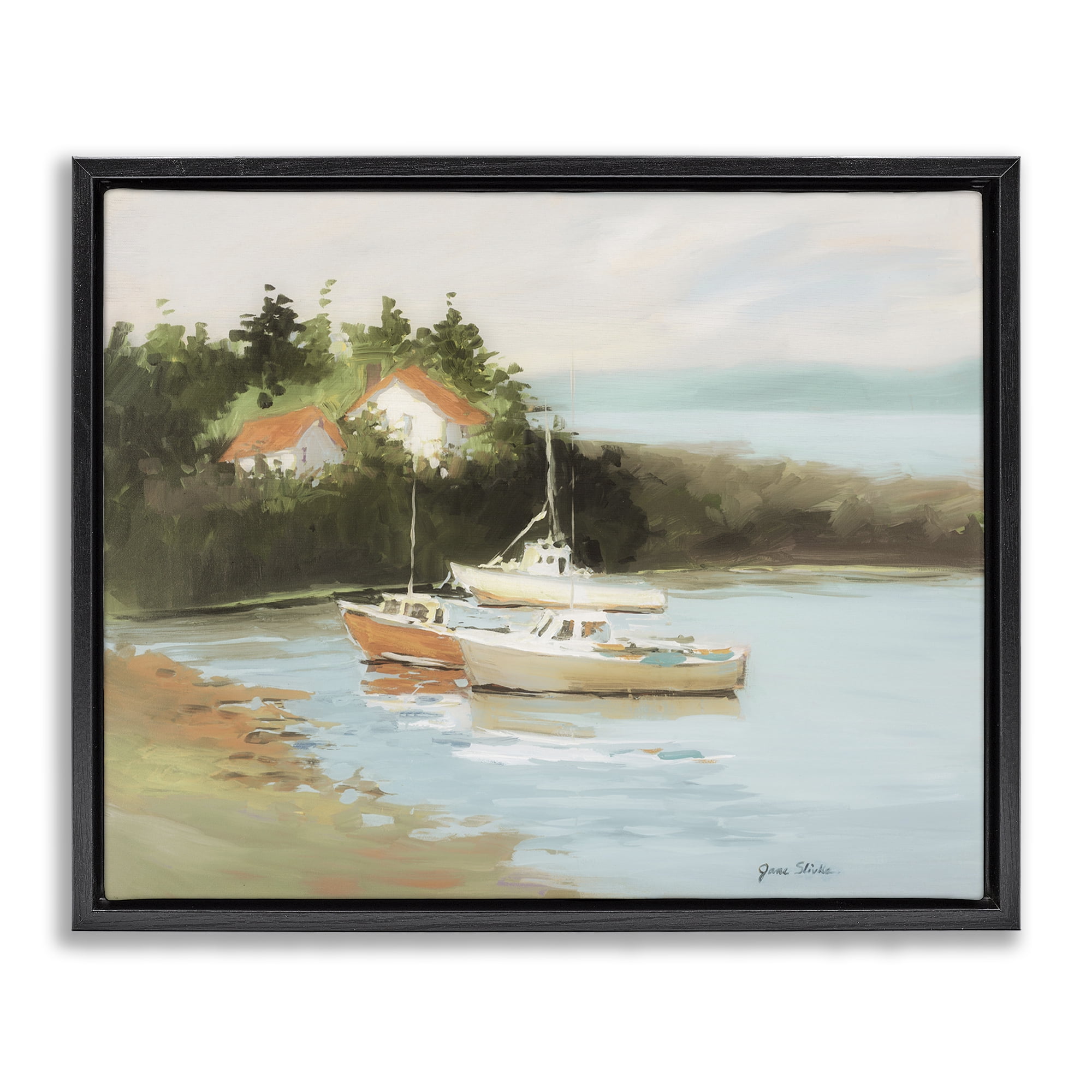 Stupell Industries Calm Boat Harbor Coastal Painting Black Floater Framed Canvas Art Print Wall Art, 31 x 25