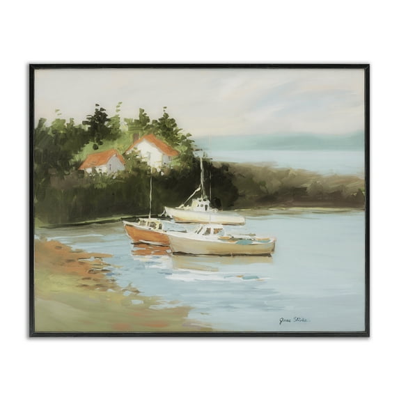 Stupell Industries Calm Boat Harbor Coastal Painting Black Framed Art Print Wall Art, 20 x 16