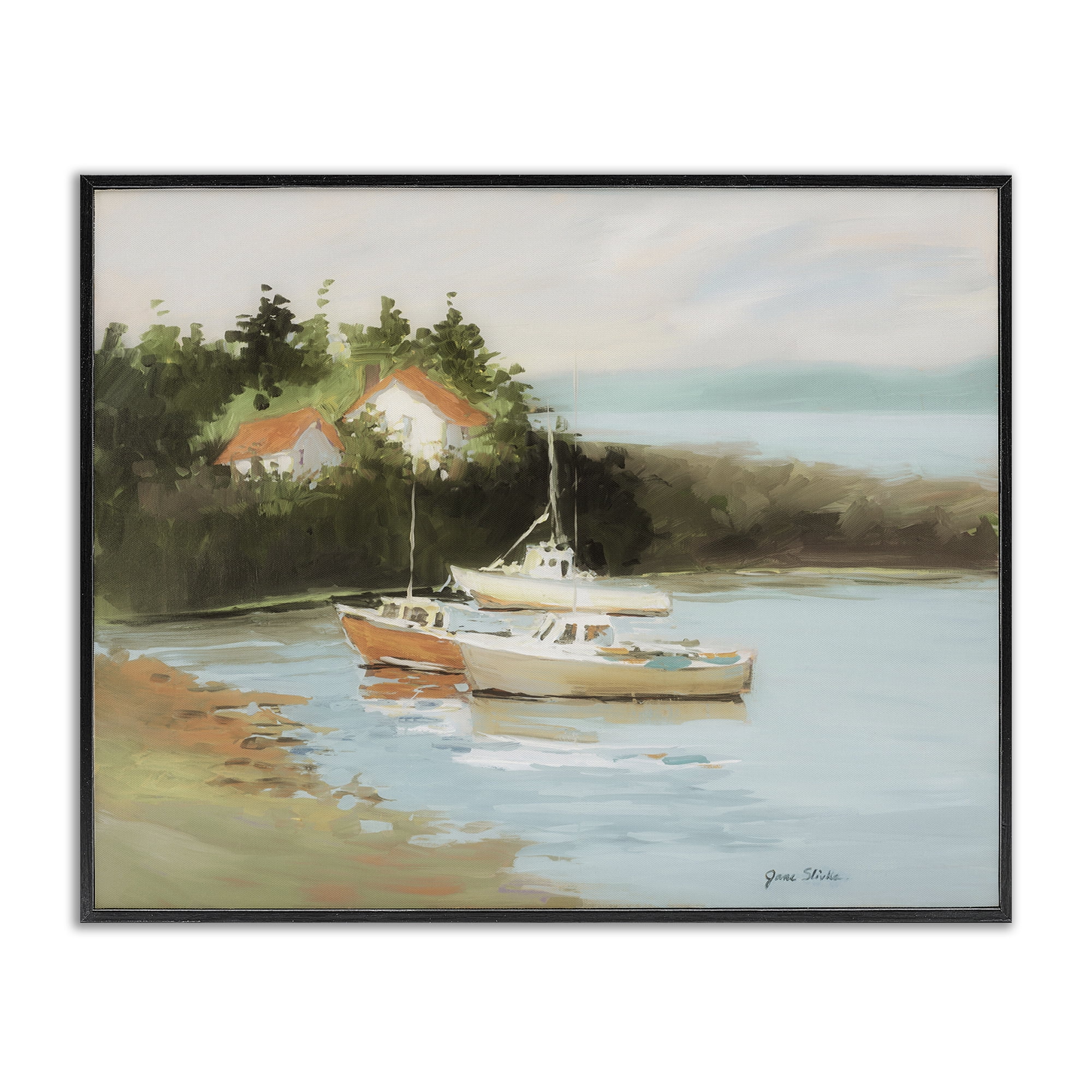 Stupell Industries Calm Boat Harbor Coastal Painting Black Framed Art Print Wall Art, 30 x 24