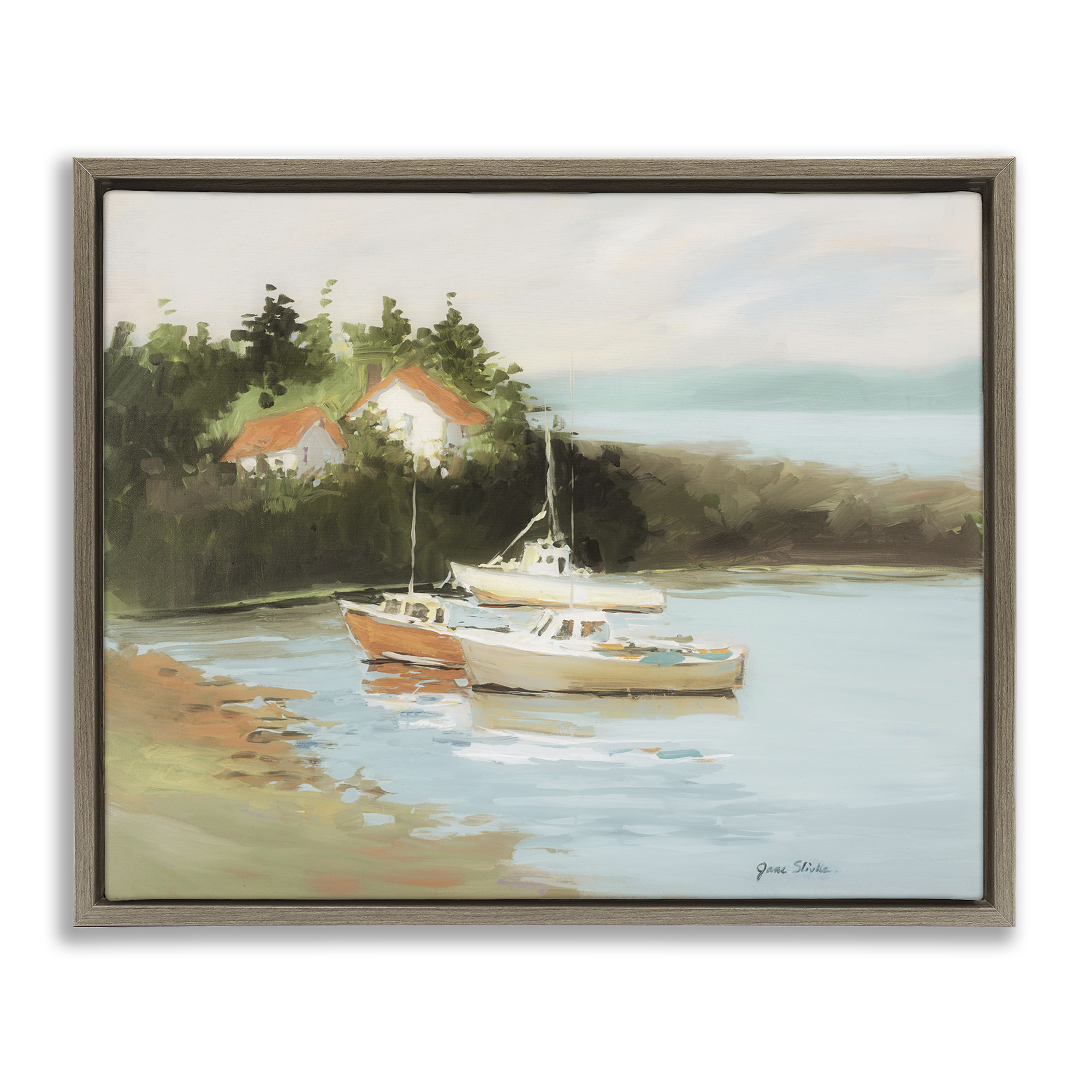 Stupell Industries Calm Boat Harbor Coastal Painting Brown Floater Framed Canvas Art Print Wall Art, 21 x 17