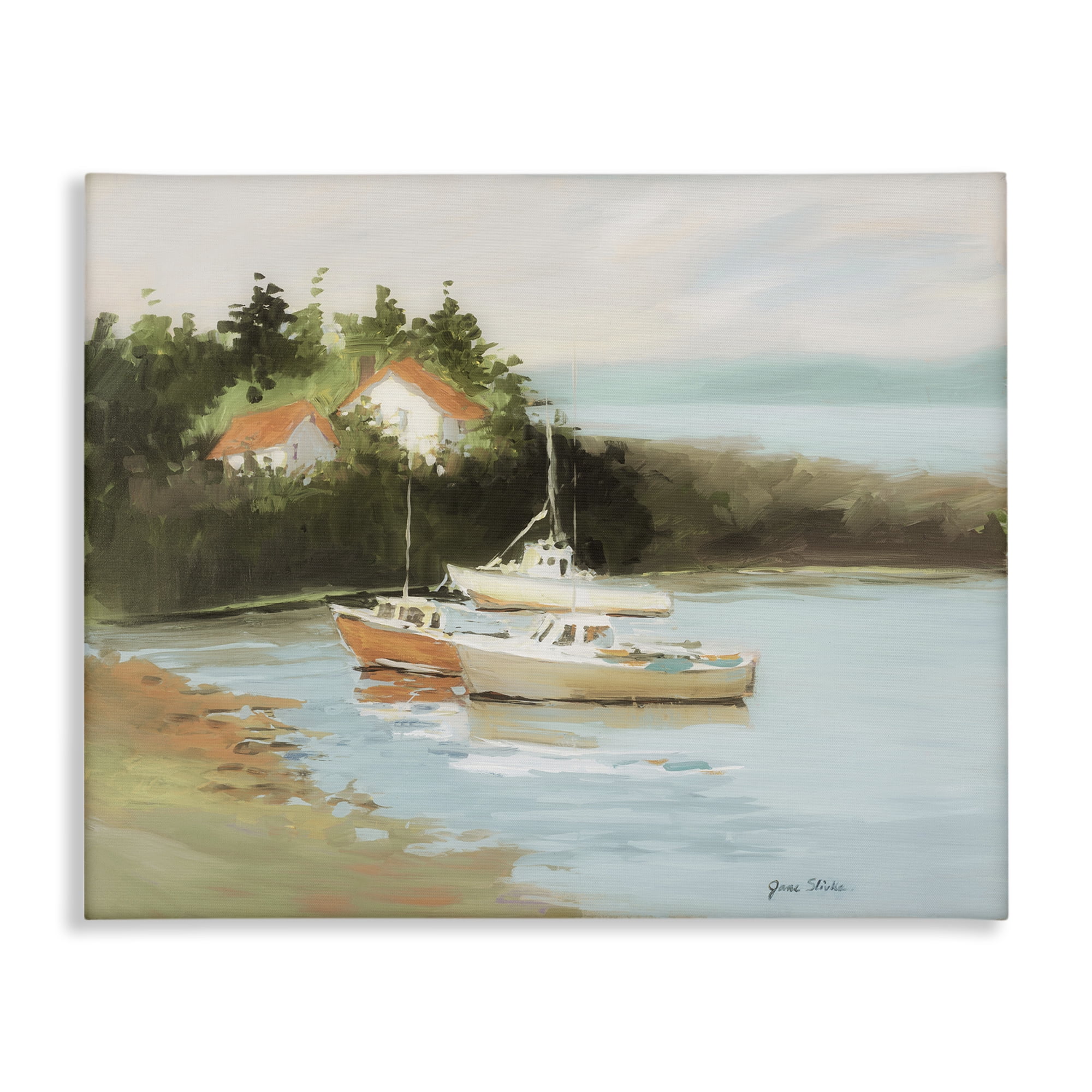Stupell Industries Calm Boat Harbor Coastal Painting Gallery Wrapped Canvas Art Print Wall Art, 40 x 30