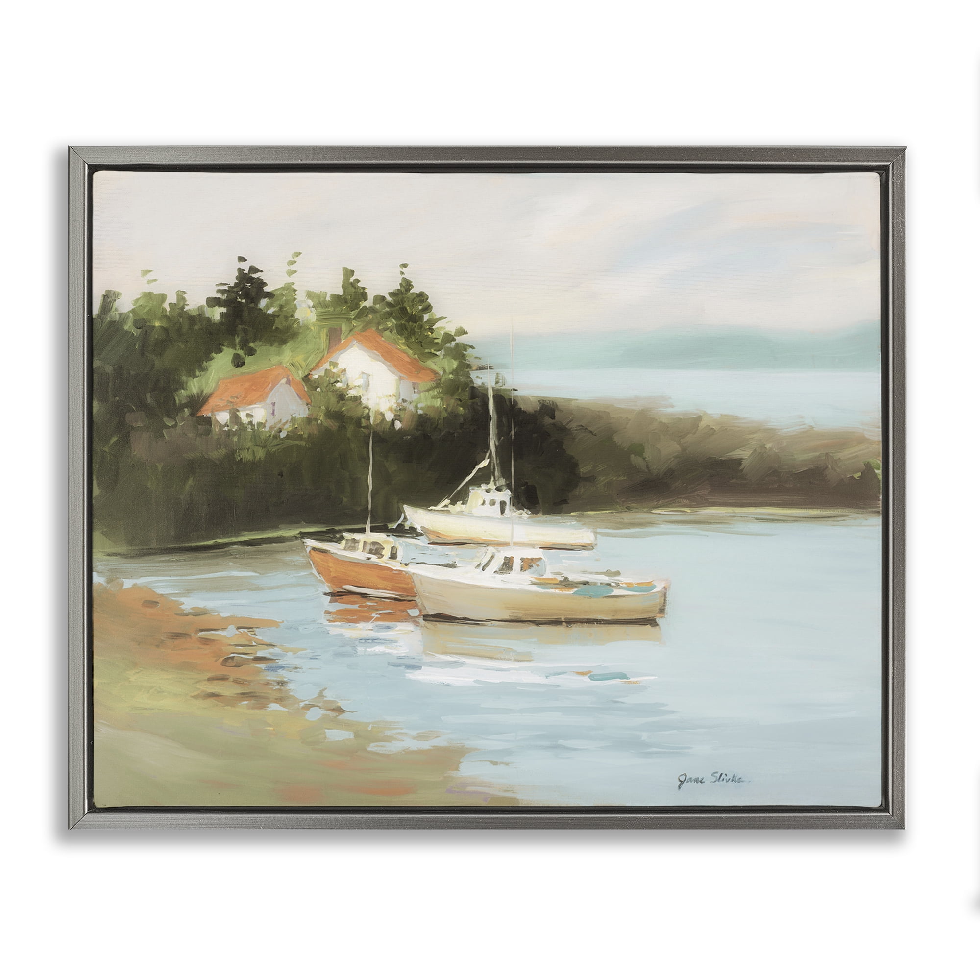 Stupell Industries Calm Boat Harbor Coastal Painting Gray Floater Framed Canvas Art Print Wall Art, 21 x 17