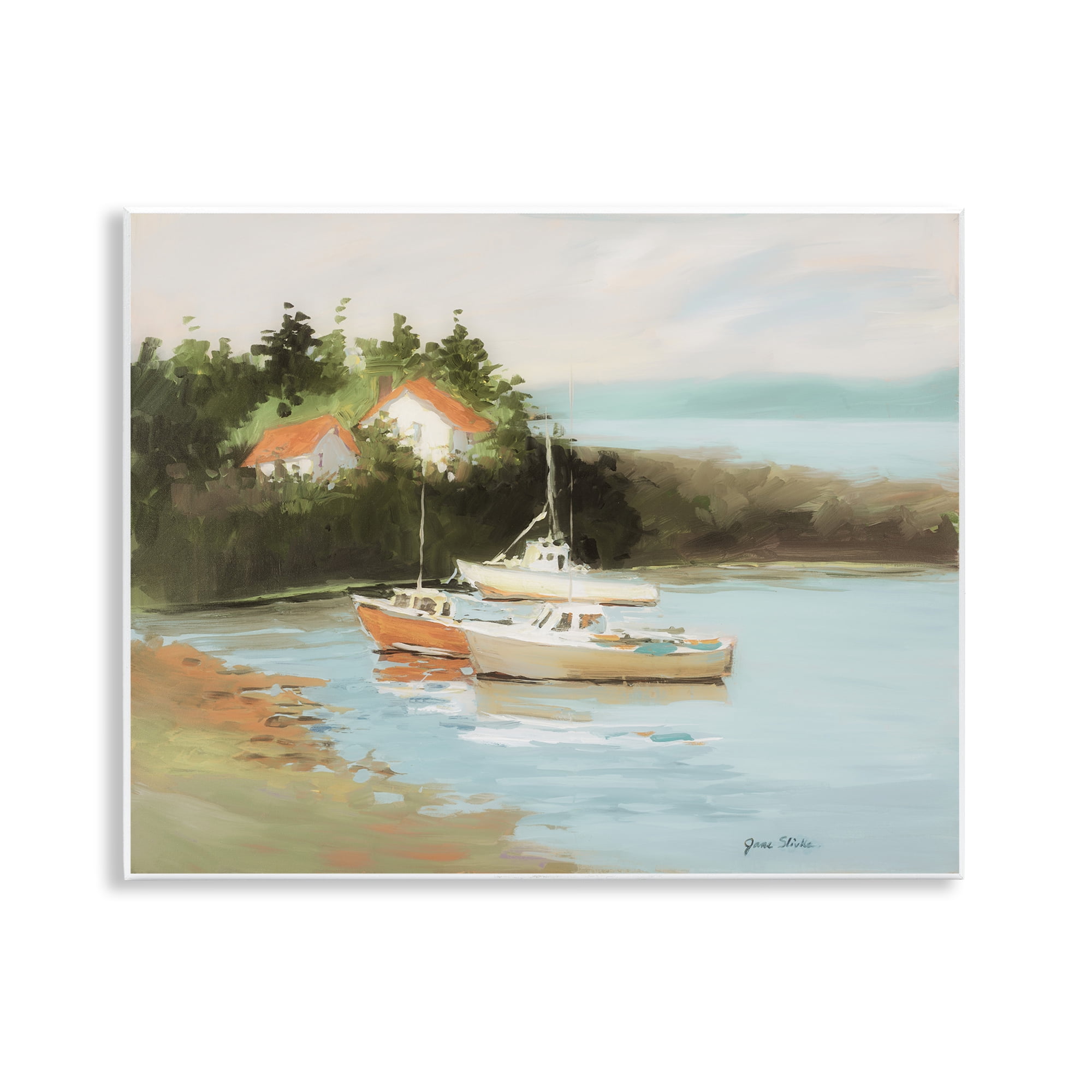 Stupell Industries Calm Boat Harbor Coastal Painting Unframed Art Print Wall Art, 14 x 11