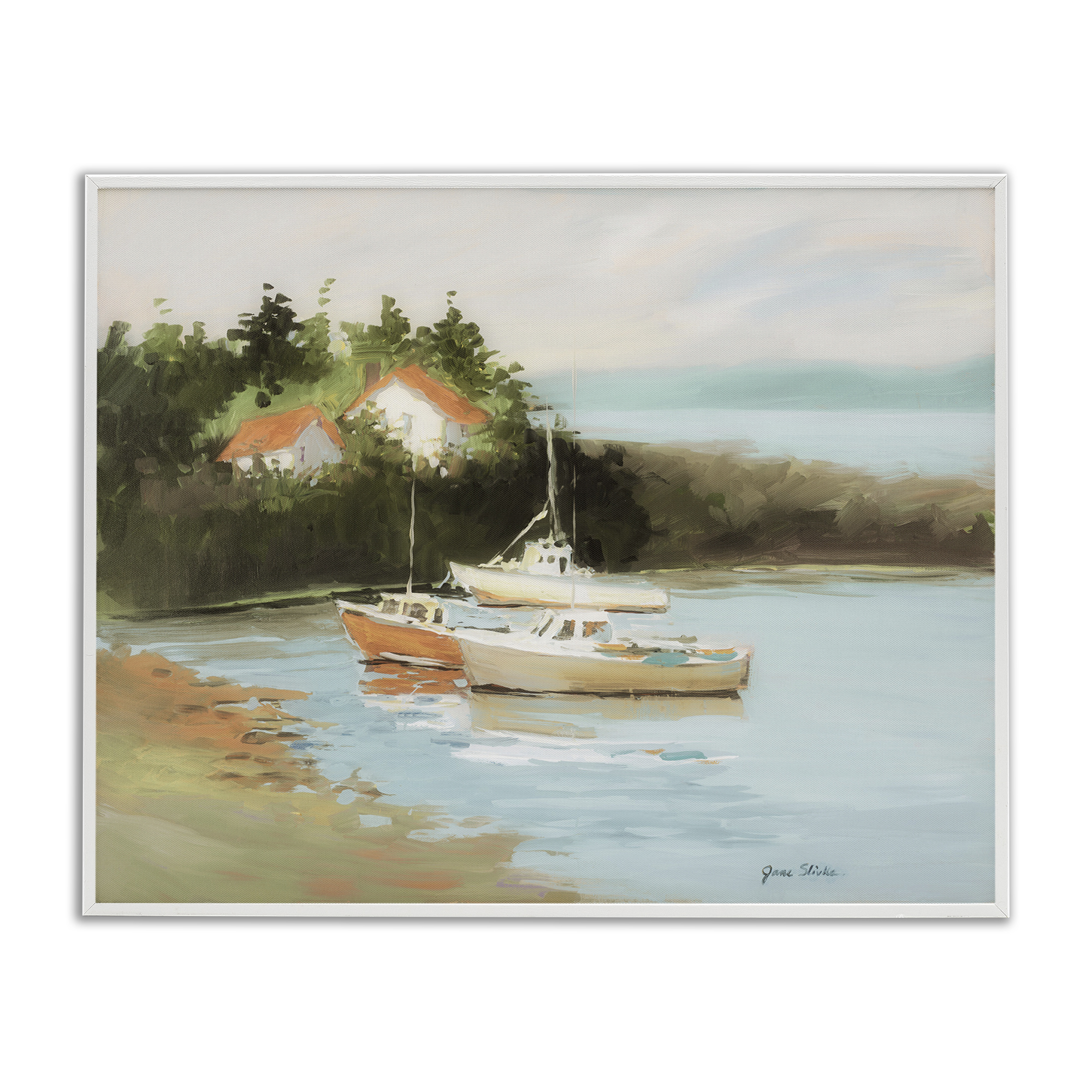Stupell Industries Calm Boat Harbor Coastal Painting White Framed Art Print Wall Art, 20 x 16