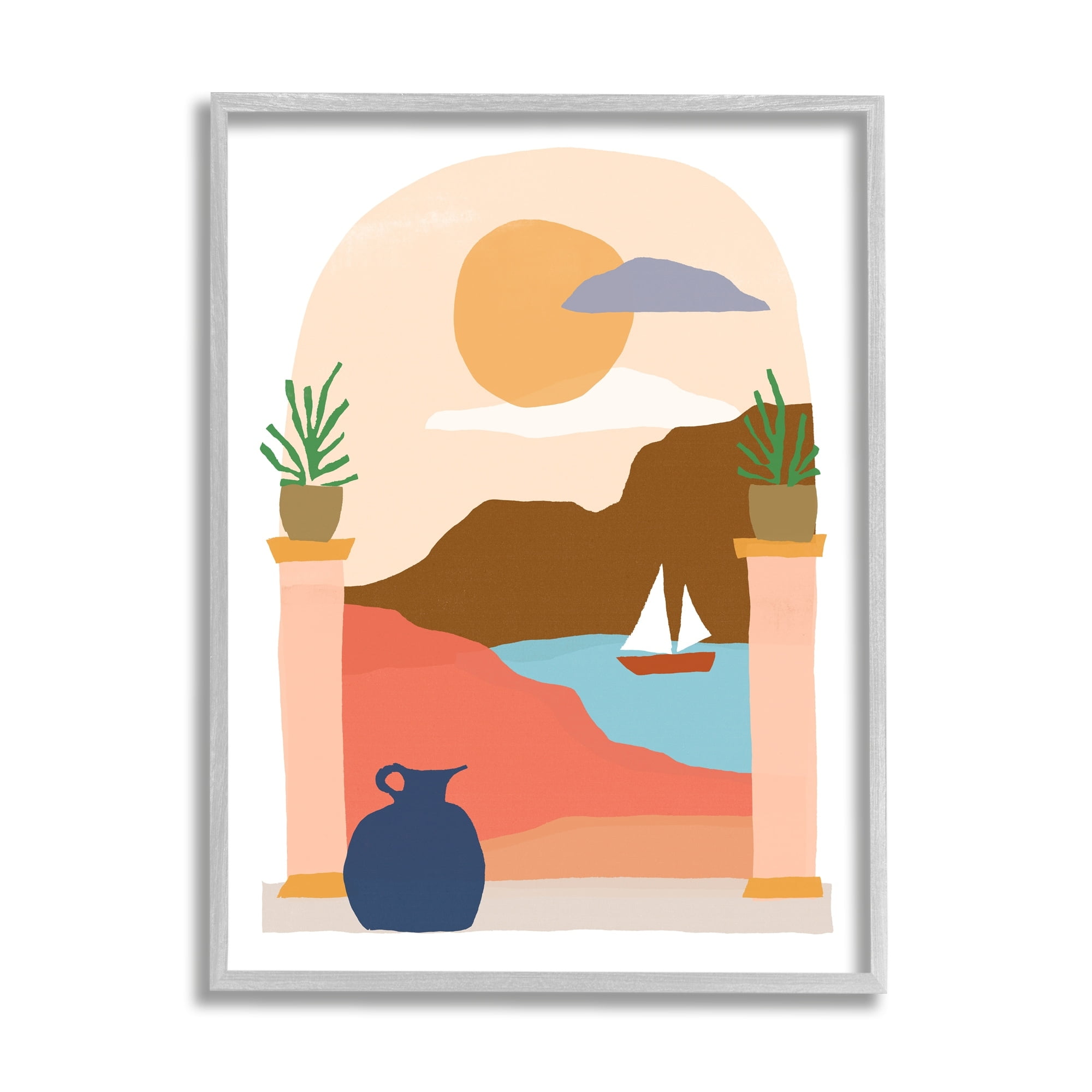 Stupell Industries Calm Distant Sailboat Arch Shaped Landscape Scene Graphic Art Gray Framed Art Print Wall Art, Design by June Erica Vess
