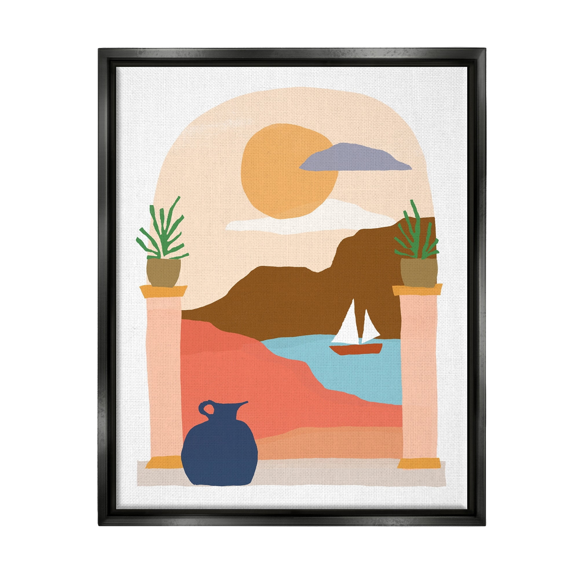Stupell Industries Calm Distant Sailboat Arch Shaped Landscape Scene Graphic Art Jet Black Floating Framed Canvas Print Wall Art, Design by June Erica Vess
