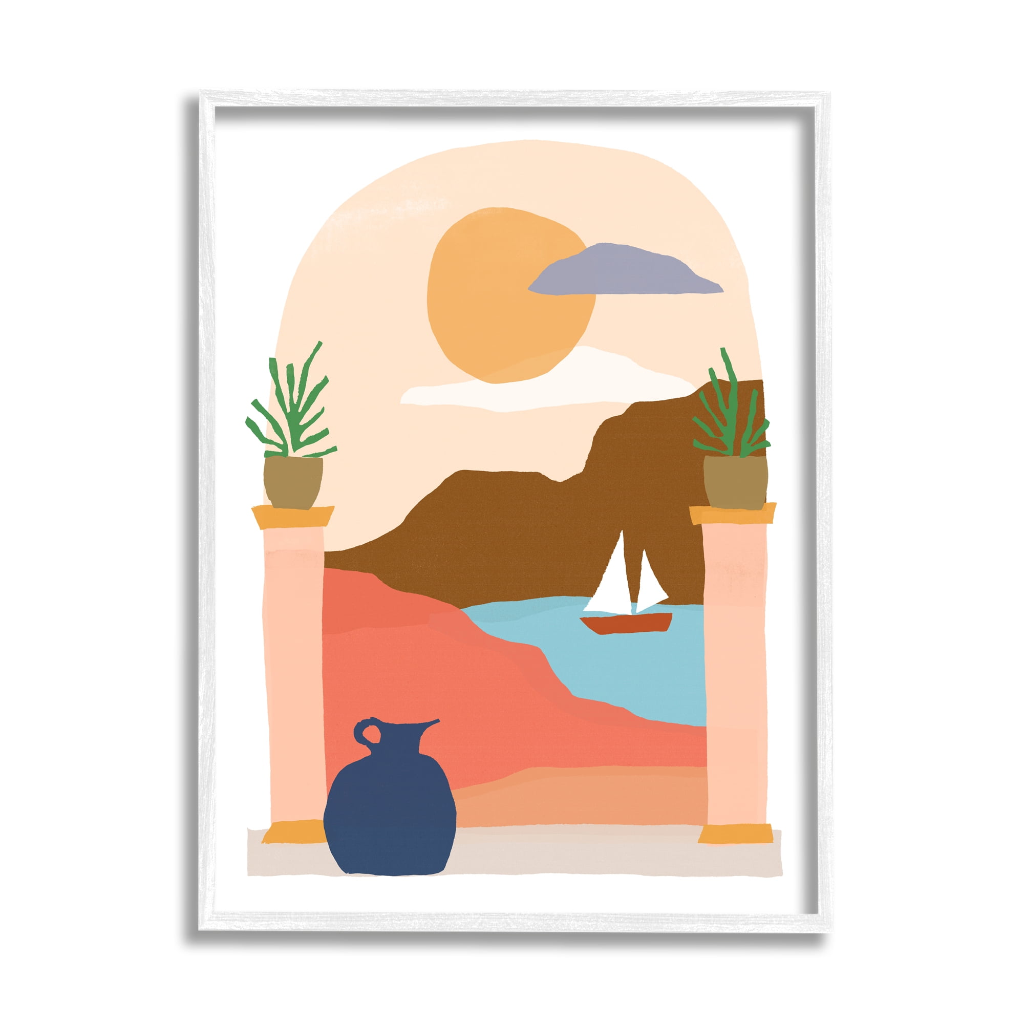 Stupell Industries Calm Distant Sailboat Arch Shaped Landscape Scene Graphic Art White Framed Art Print Wall Art, Design by June Erica Vess