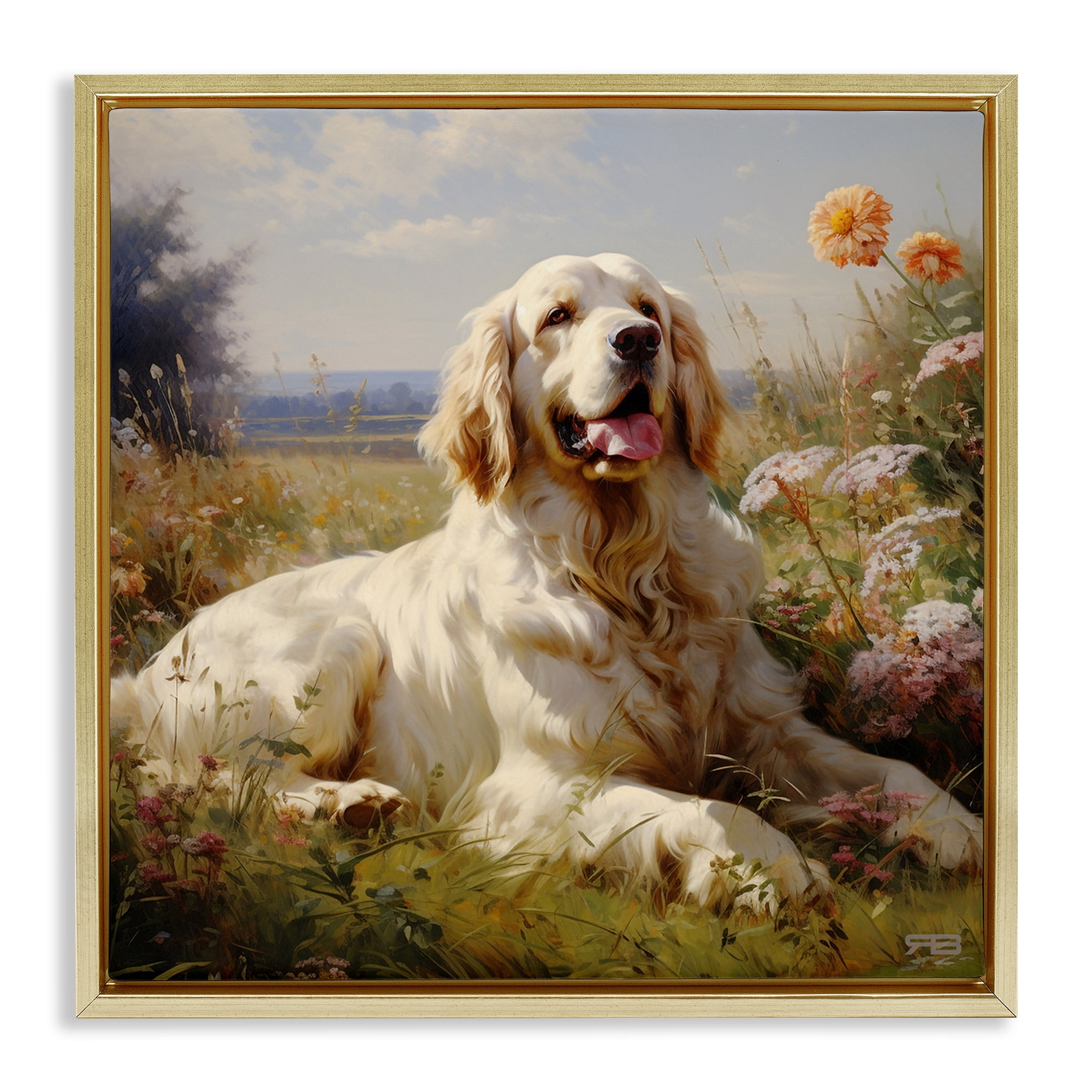 Stupell Industries Calm Golden Retriever Landscape Animals & Insects Painting Gold Floater Framed Canvas Art Print Wall Art, 18 x 18