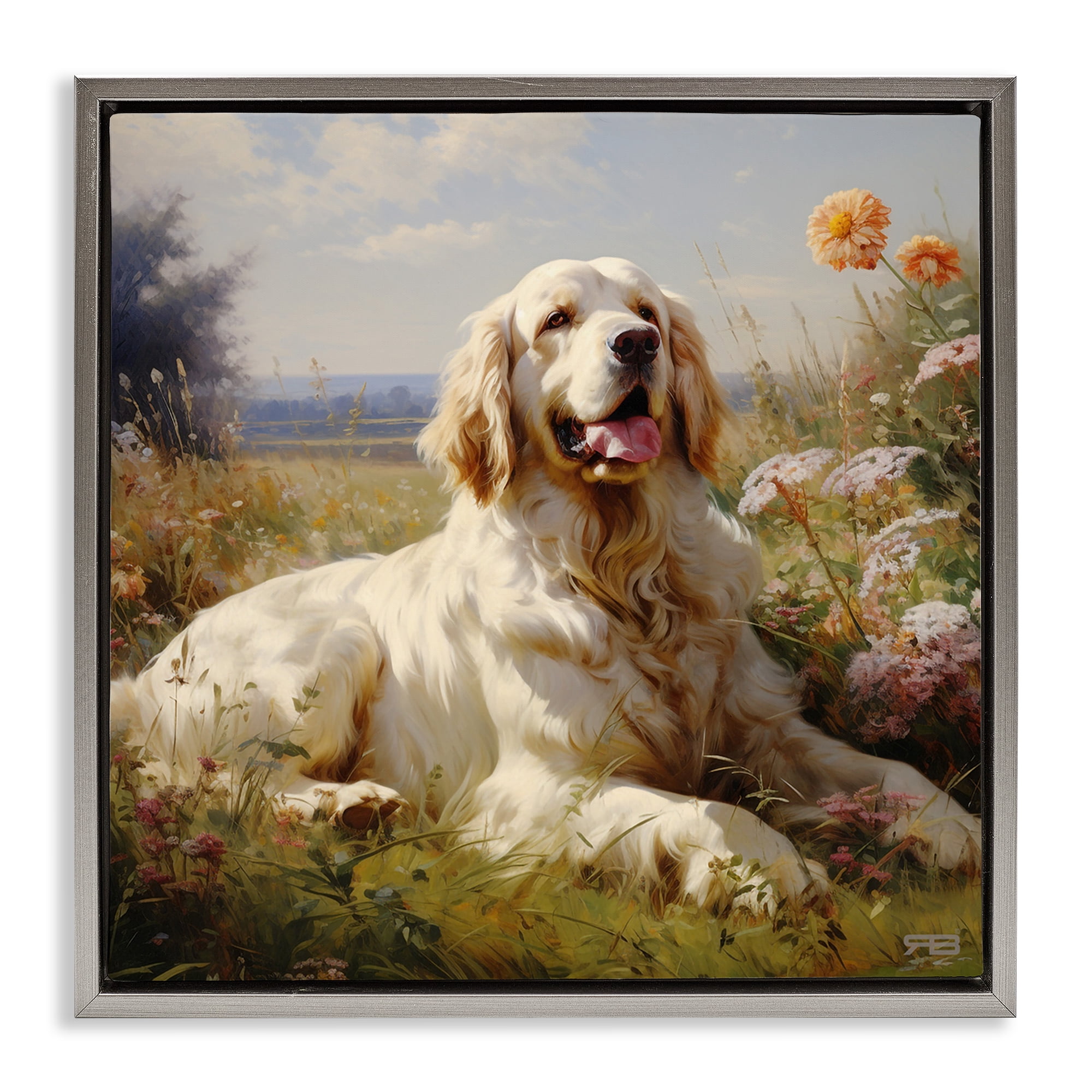 Stupell Industries Calm Golden Retriever Landscape Animals & Insects Painting Gray Floater Framed Canvas Art Print Wall Art, 25 x 25
